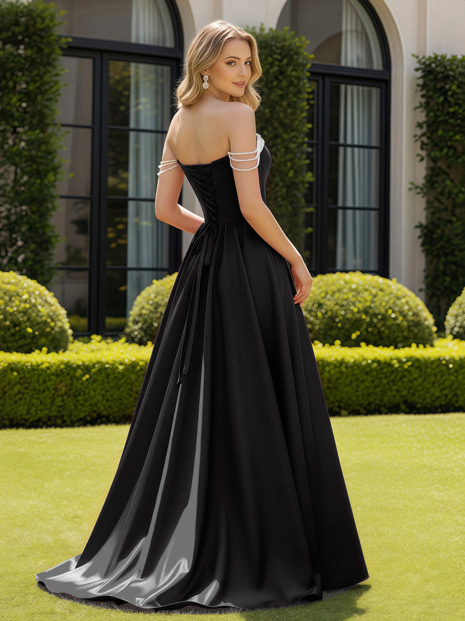 Beaded Off-the-shoulder A-line Sweep Train Slit Gown Black - Image 2