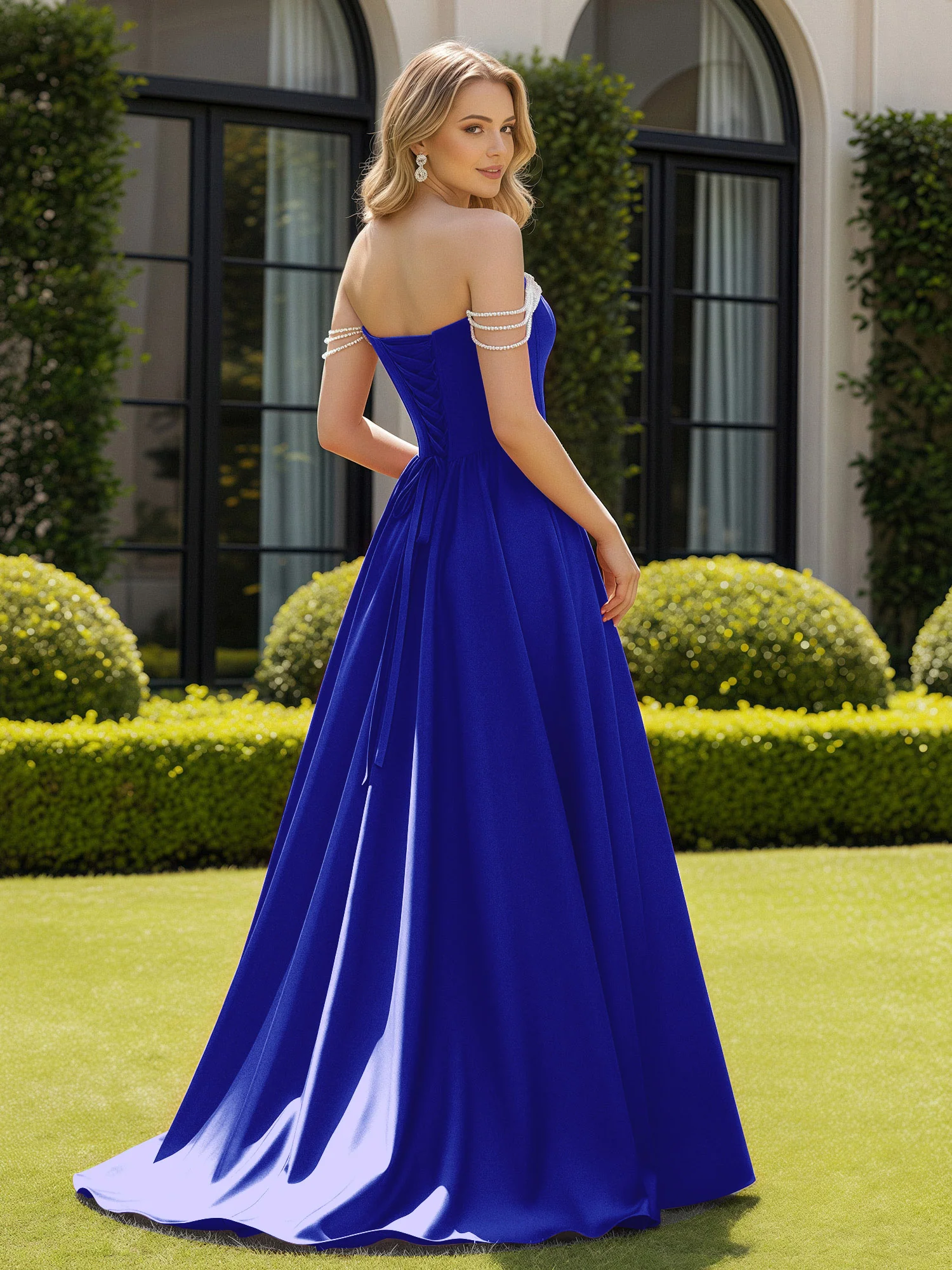 Beaded Off-the-shoulder A-line Sweep Train Slit Gown Royal Blue - Image 2