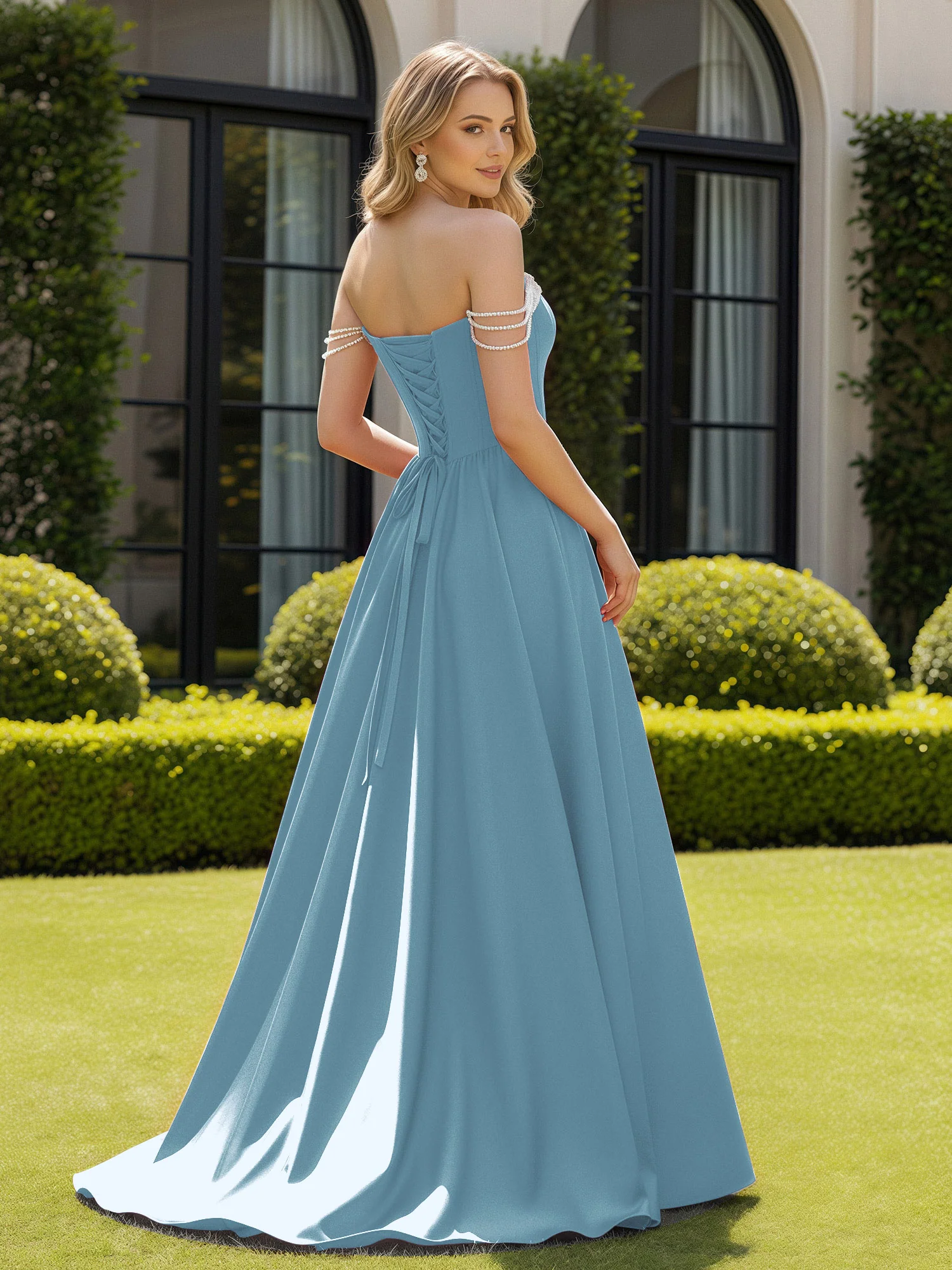 Beaded Off-the-shoulder A-line Sweep Train Slit Gown Slate Blue - Image 2
