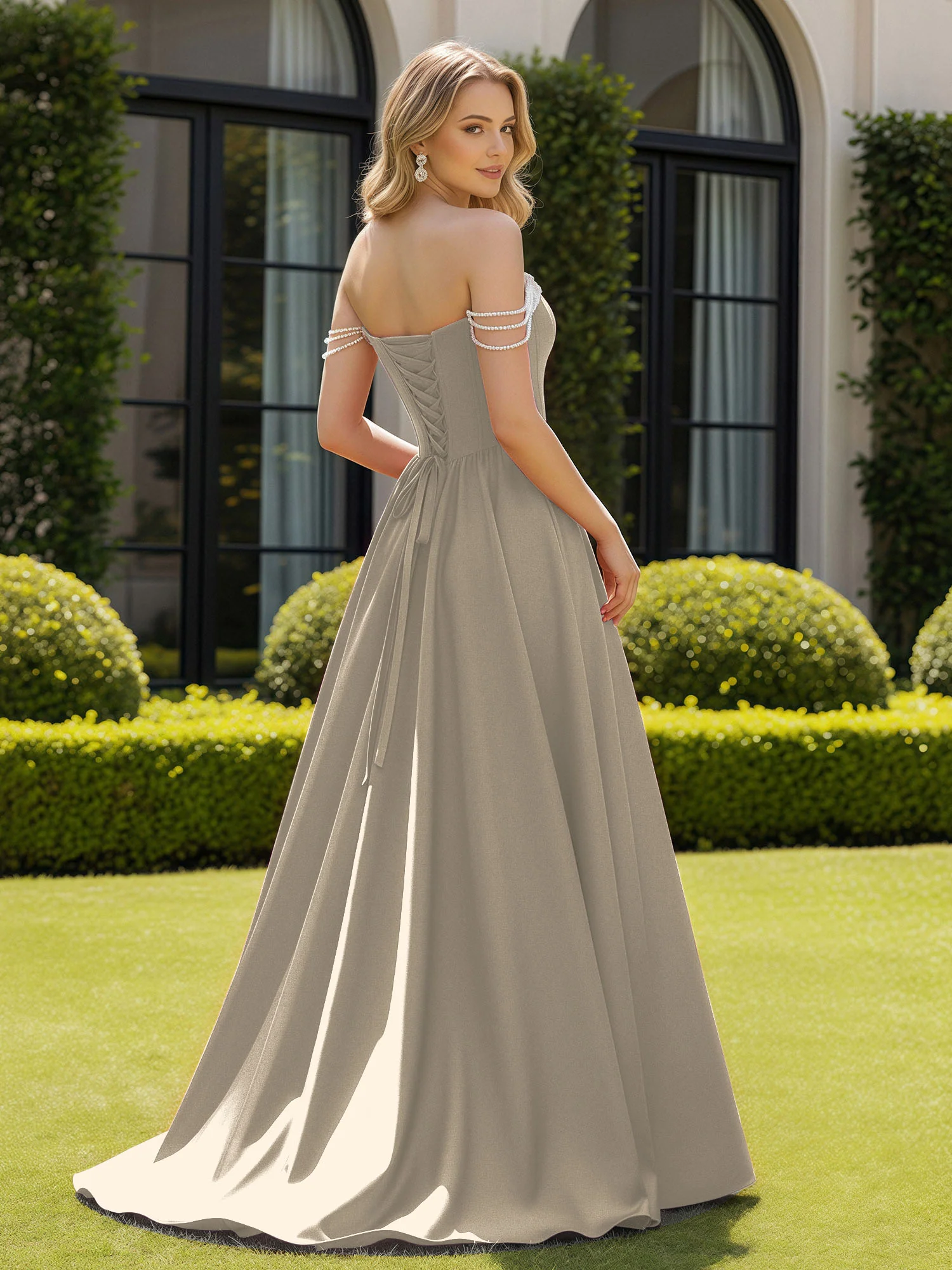 Beaded Off-the-shoulder A-line Sweep Train Slit Gown Taupe - Image 2