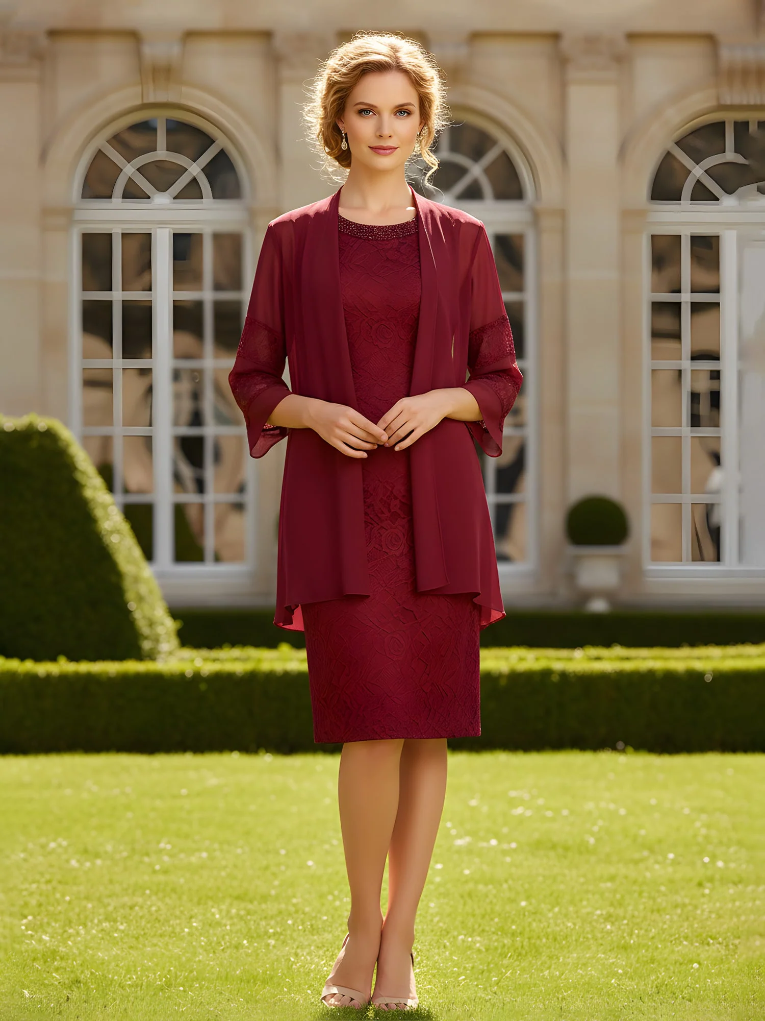 Beaded Scoop Neck Lace Sheath Dress with Jacket Pool