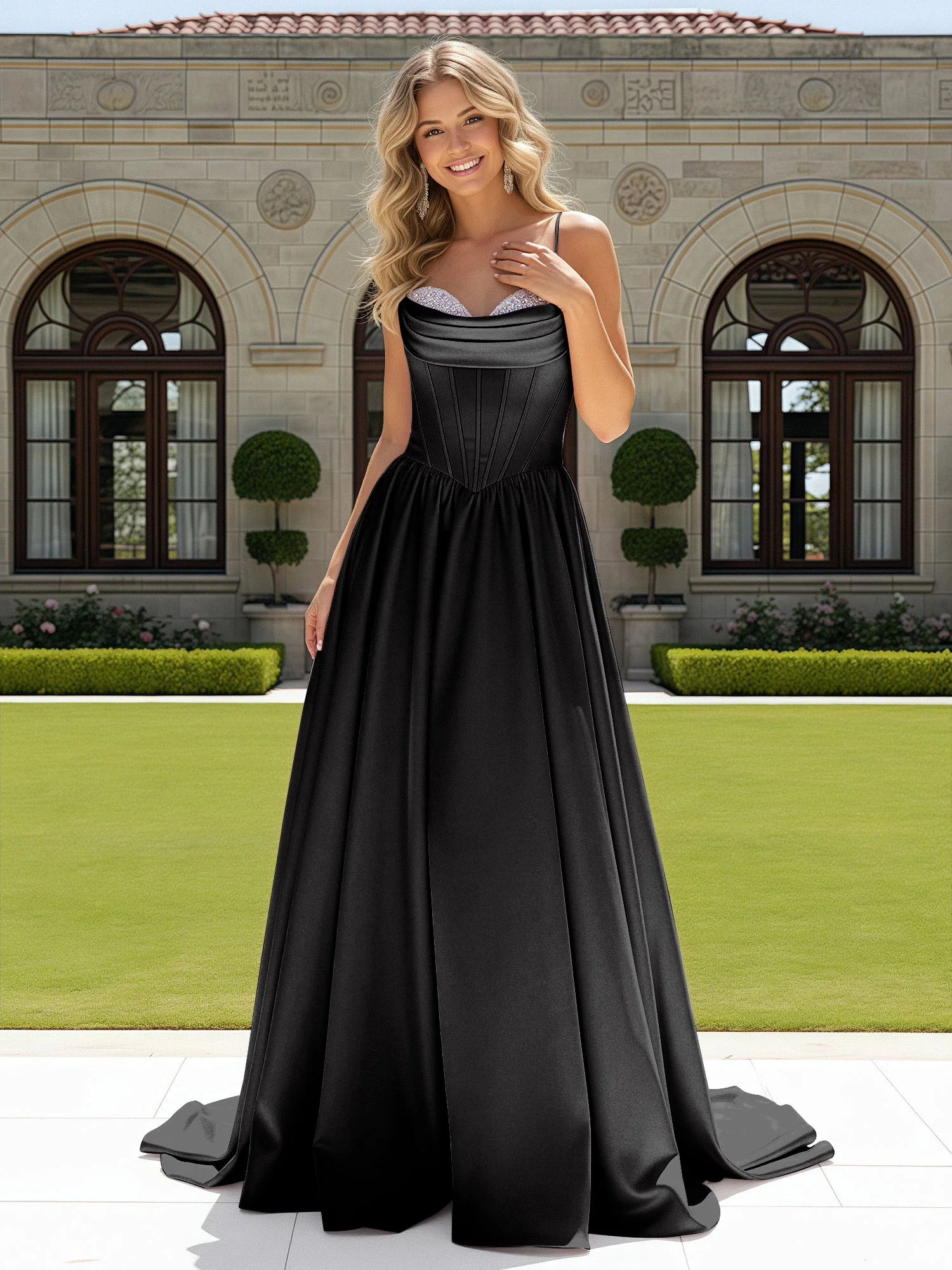 Beaded Sweetheart Corset Sweep Train Gown Black