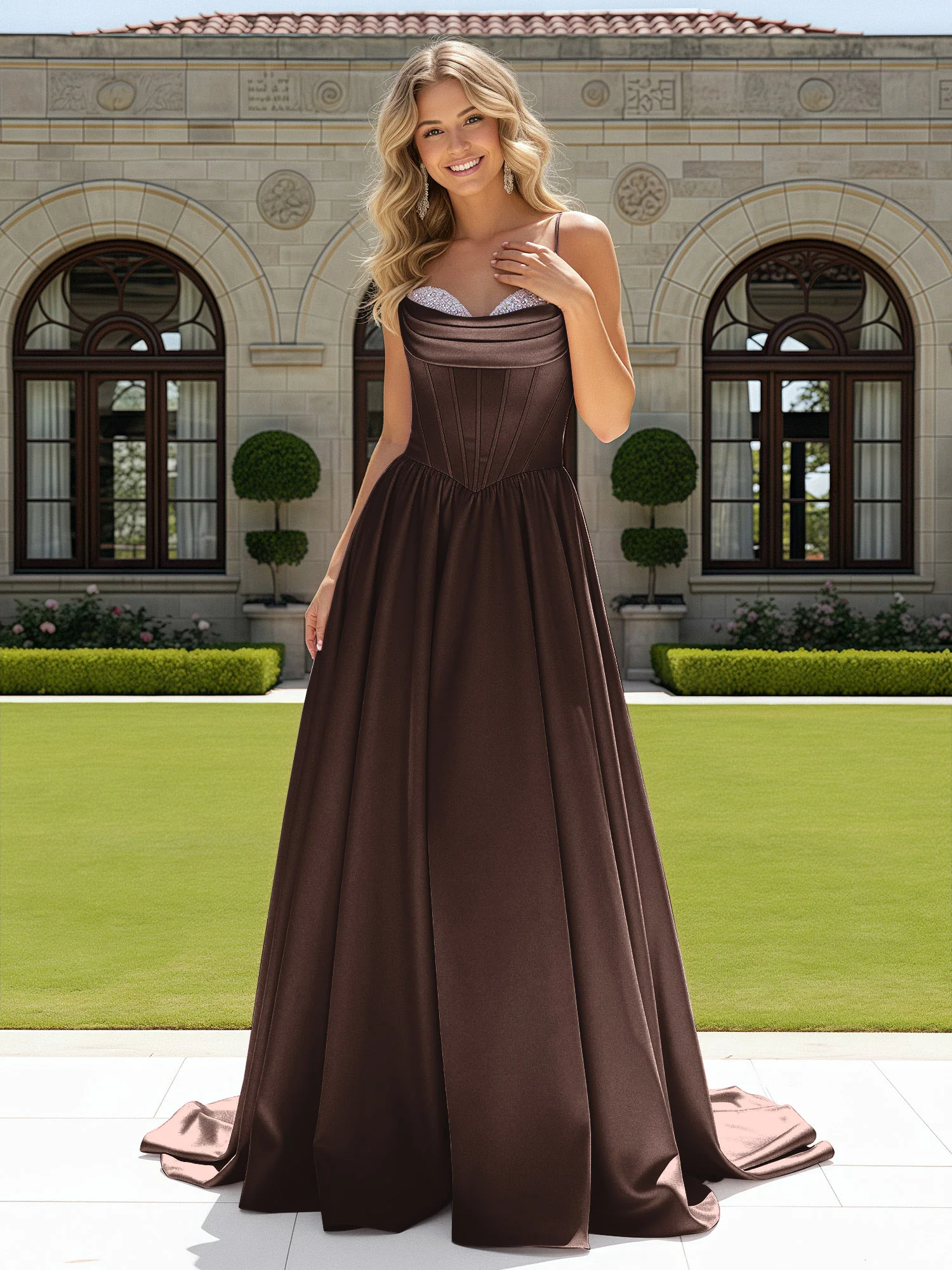 Beaded Sweetheart Corset Sweep Train Gown Chocolate