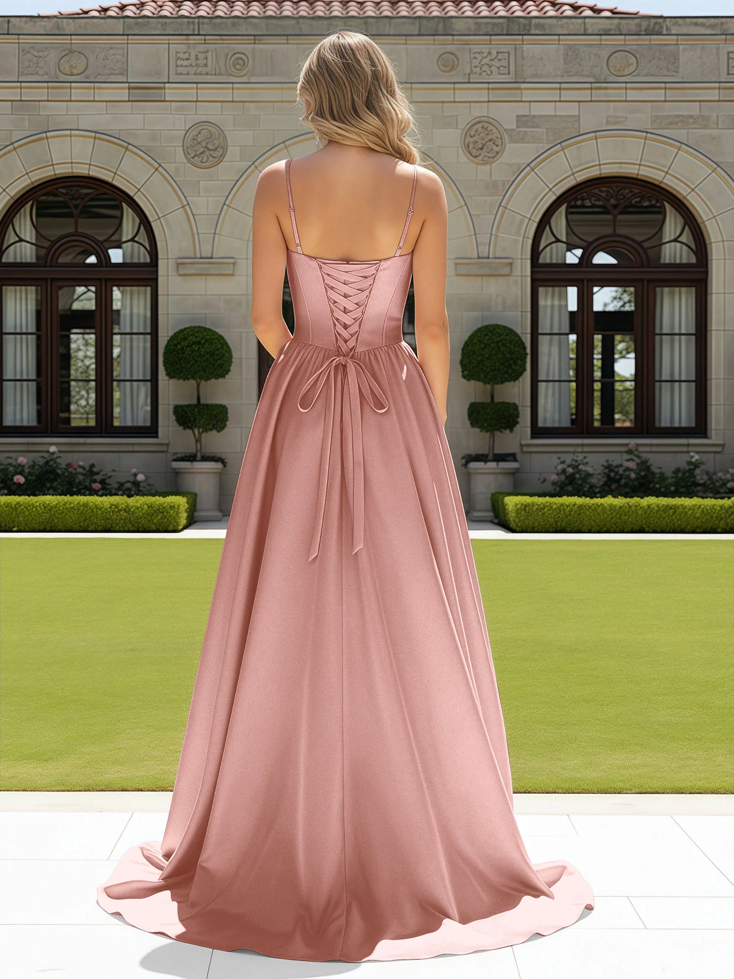 Beaded Sweetheart Corset Sweep Train Gown Dusty Rose - Image 2