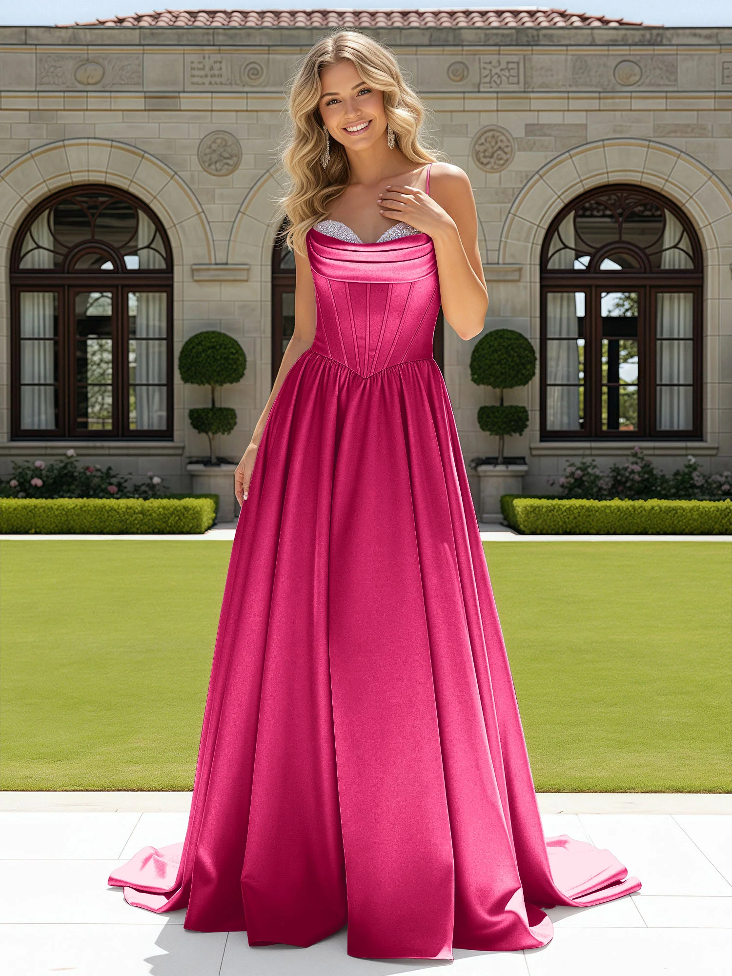 Beaded Sweetheart Corset Sweep Train Gown Fuchsia