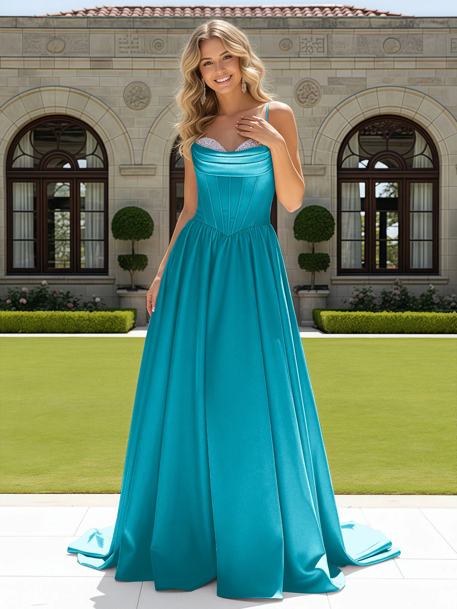 Beaded Sweetheart Corset Sweep Train Gown Jade