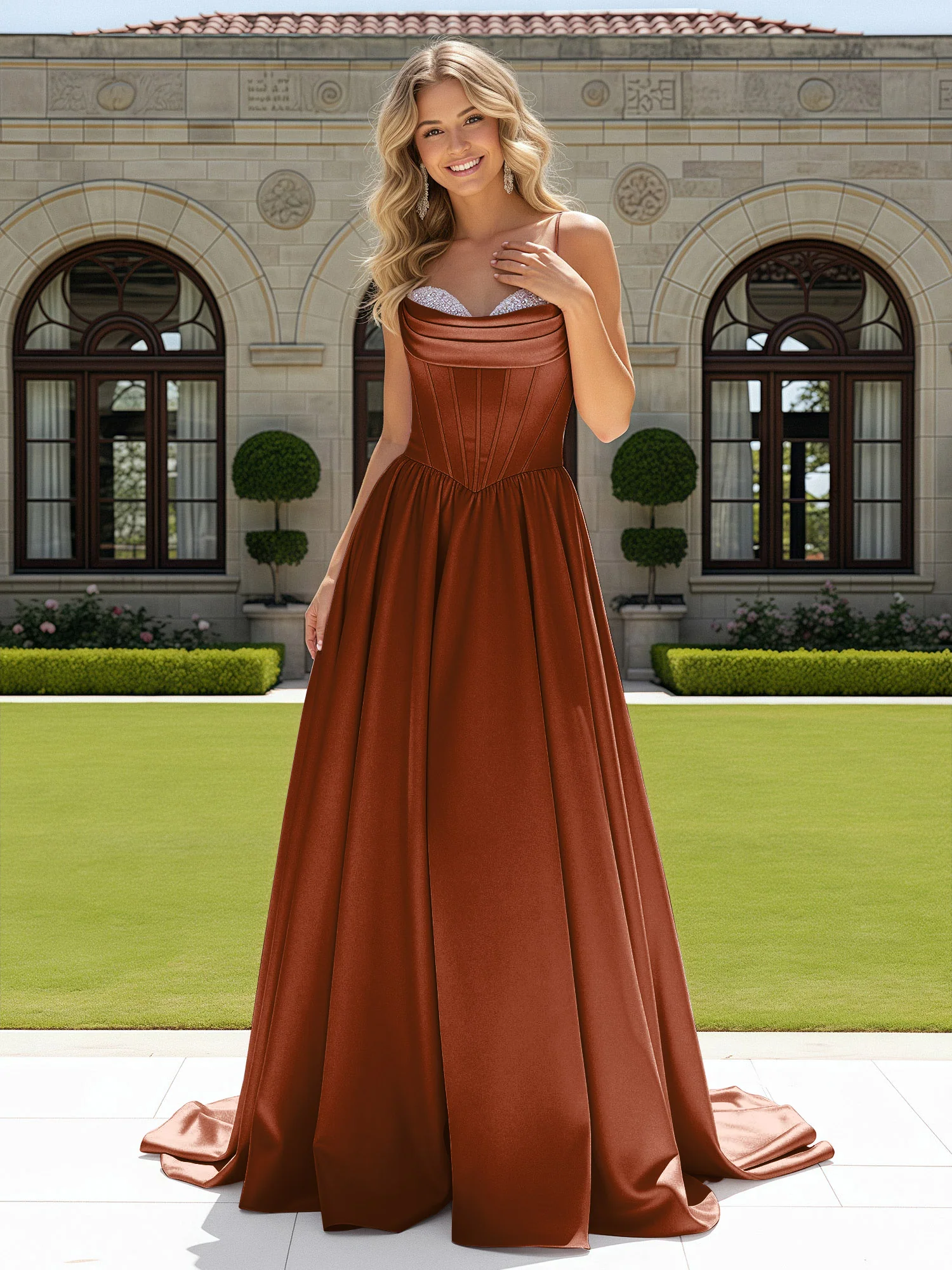 Beaded Sweetheart Corset Sweep Train Gown Terracotta