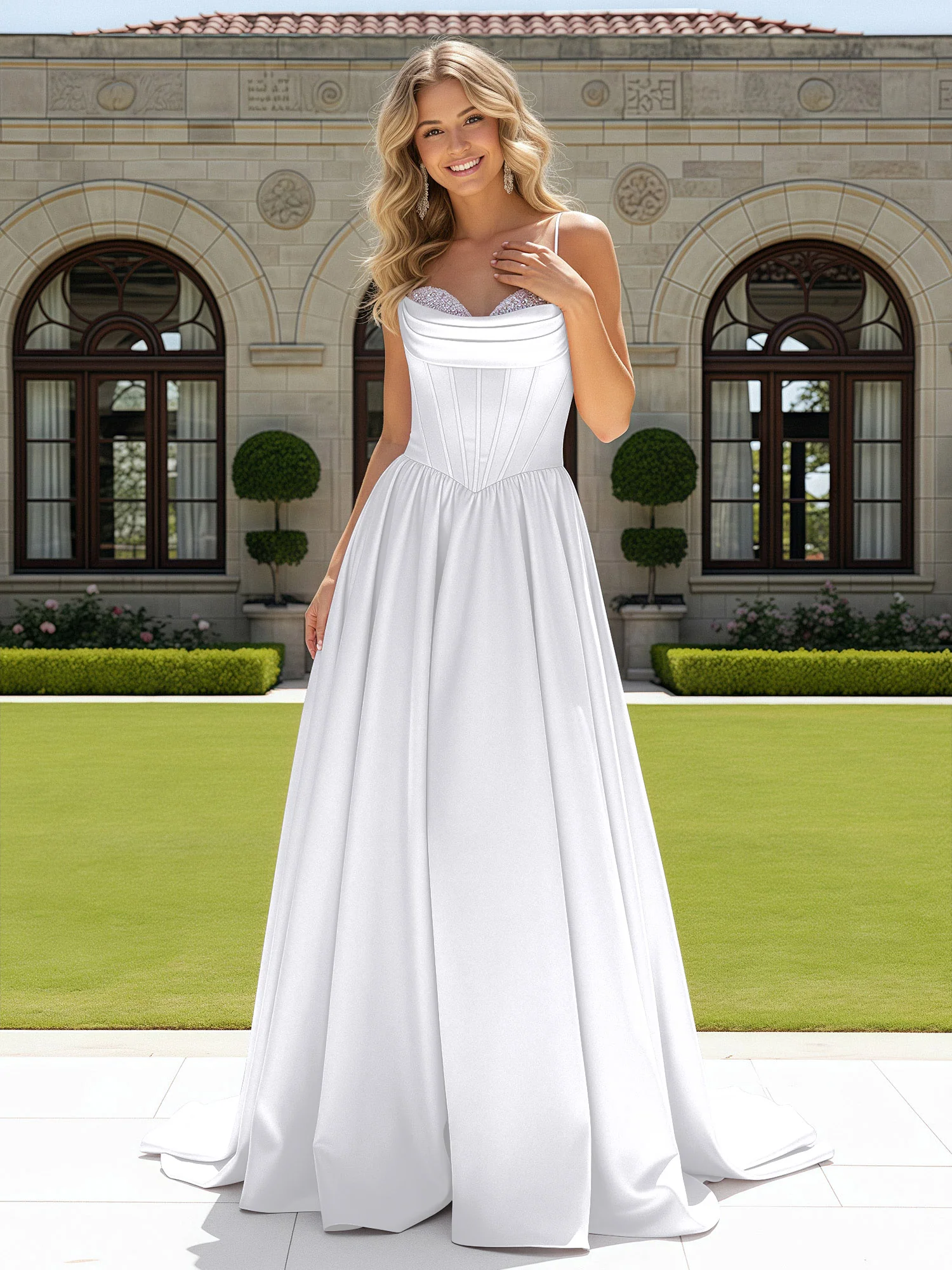 Beaded Sweetheart Corset Sweep Train Gown White