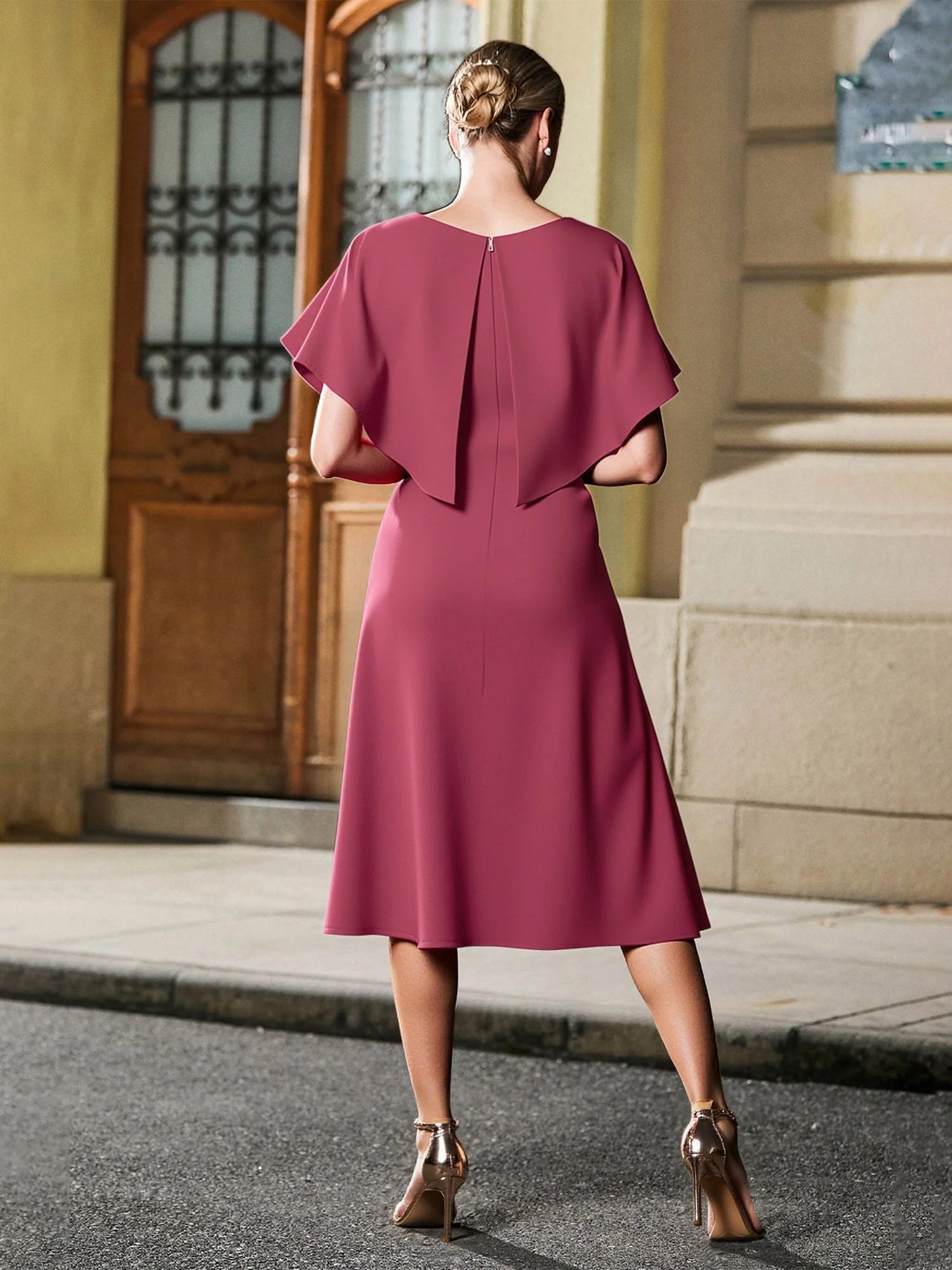 Scoop Neck Flutter Sleeves Appliqued Tea-length Dress Tangerine - Image 2
