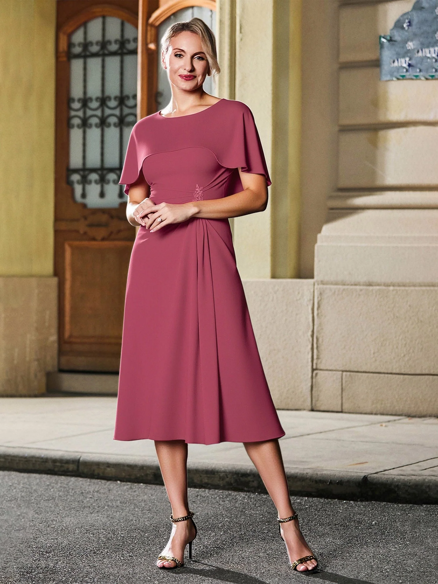 Scoop Neck Flutter Sleeves Appliqued Tea-length Dress Vintage Mauve