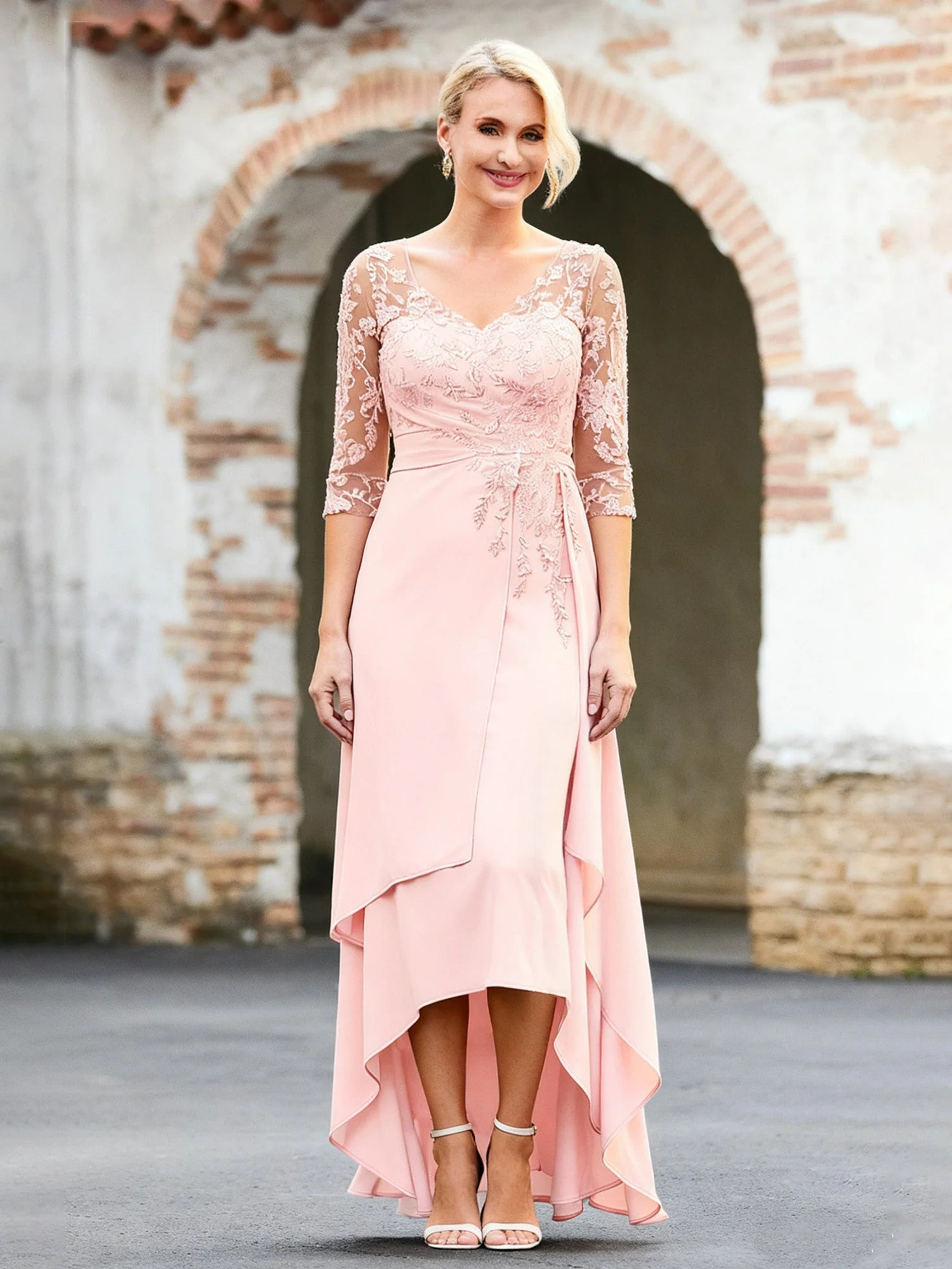 V-neck Appliqued Chiffon A-Line Asymmetrical Dress Papaya