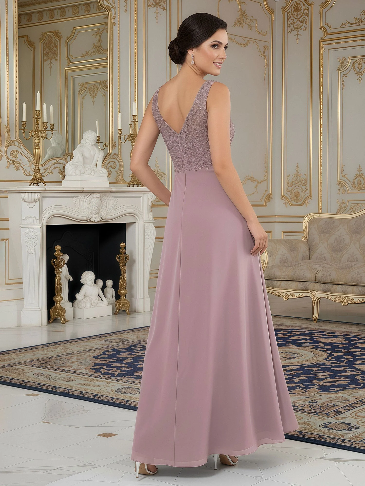 A-Line Lace V-neck Chiffon Asymmetrical Dress Azalea - Image 2