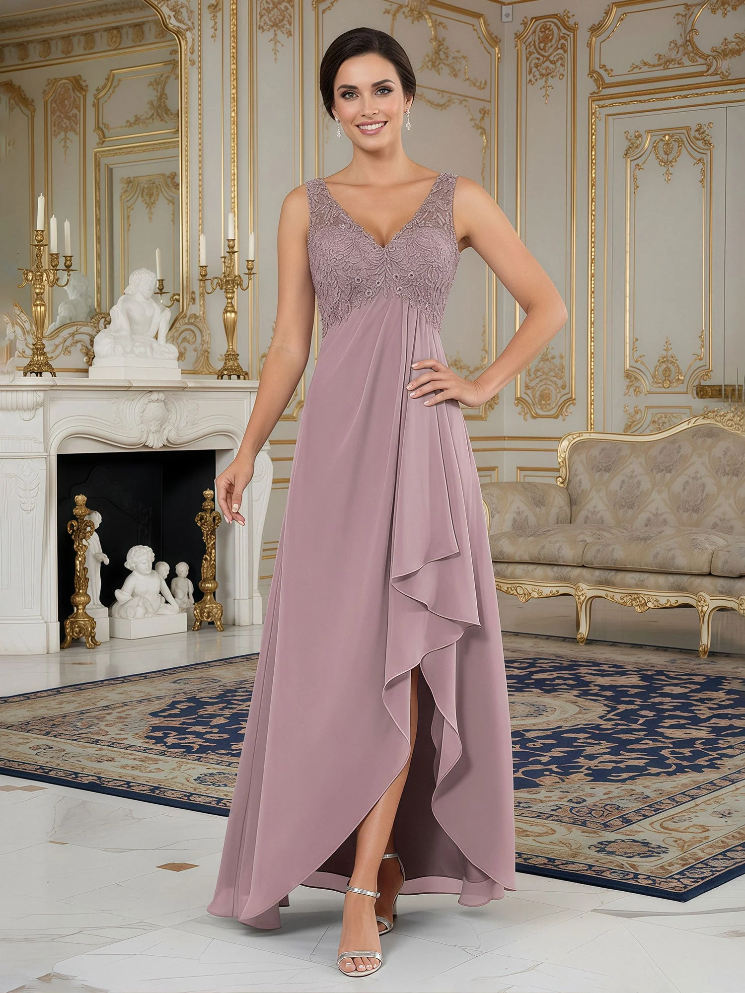 A-Line Lace V-neck Chiffon Asymmetrical Dress Tangerine