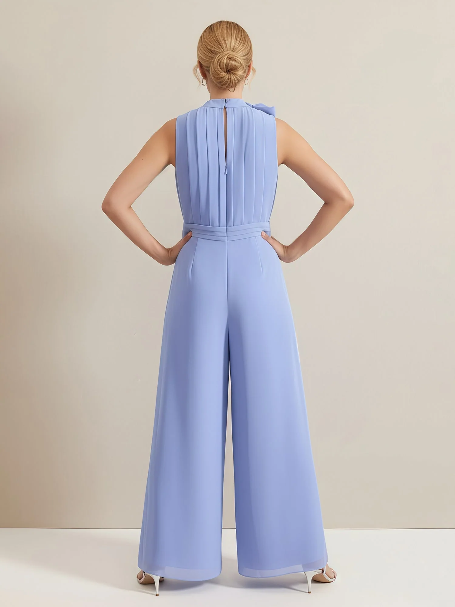 Bow High Neck Pleated Sleeveless Jumpsuit Ink Blue - Image 2