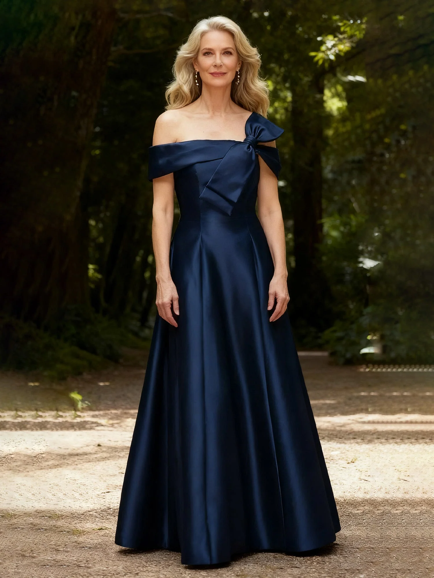 Bow Off-the-Shoulder A-Line Long Satin Dress Dusty Rose