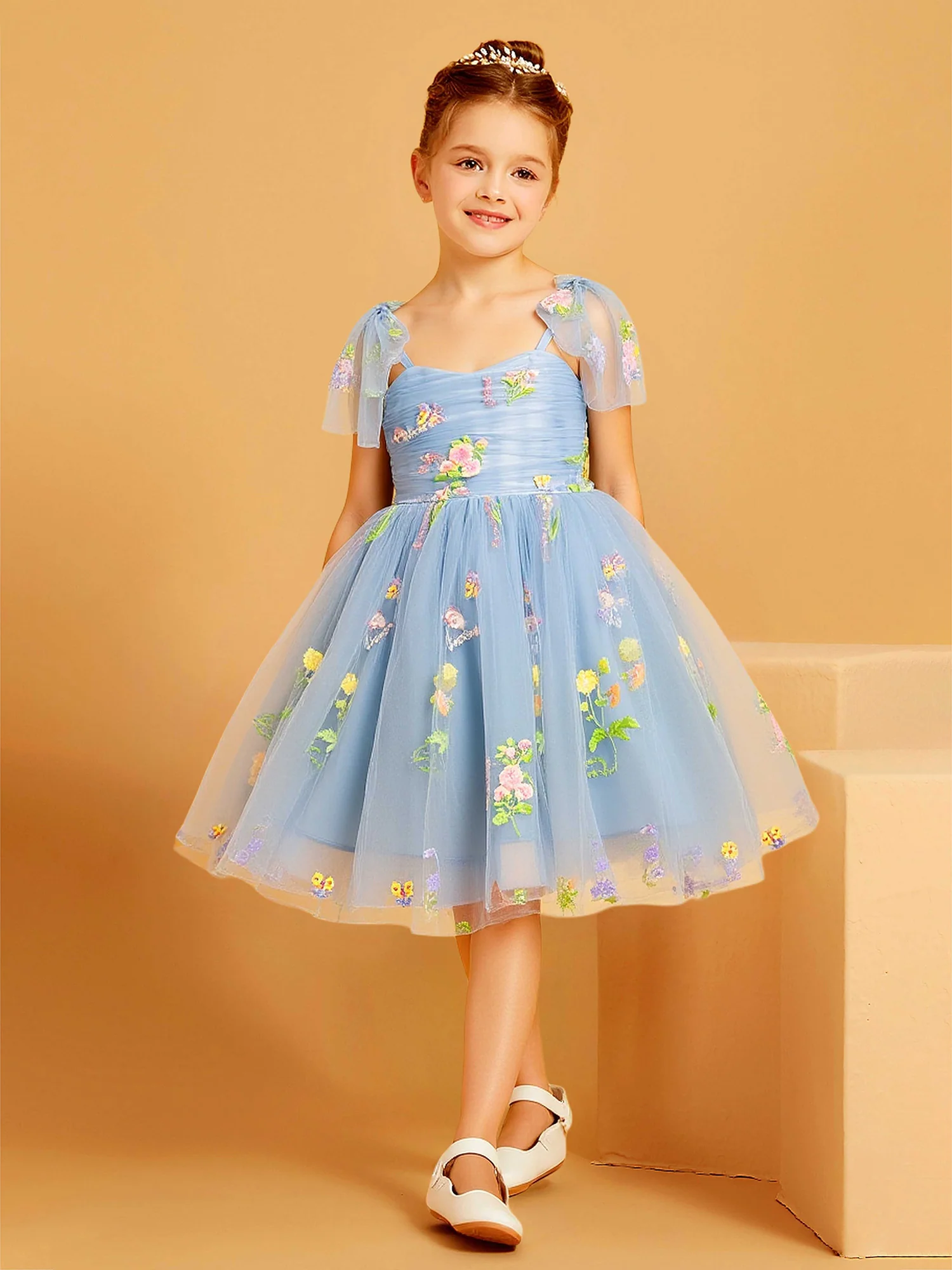 Bow Straps Applique Tulle A-Line Flower Girl Dress Blue
