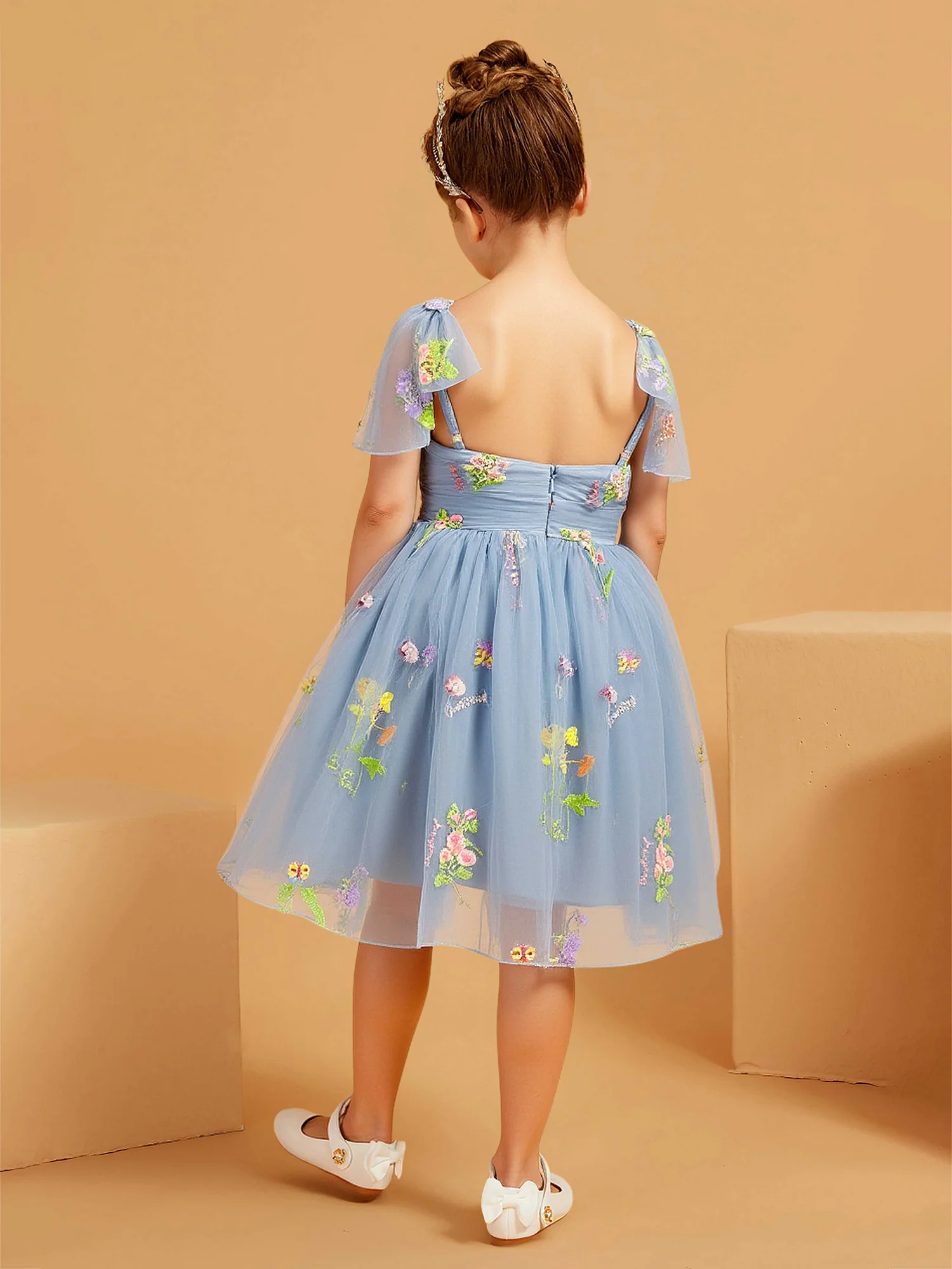 Bow Straps Applique Tulle A-Line Flower Girl Dress Blue - Image 2