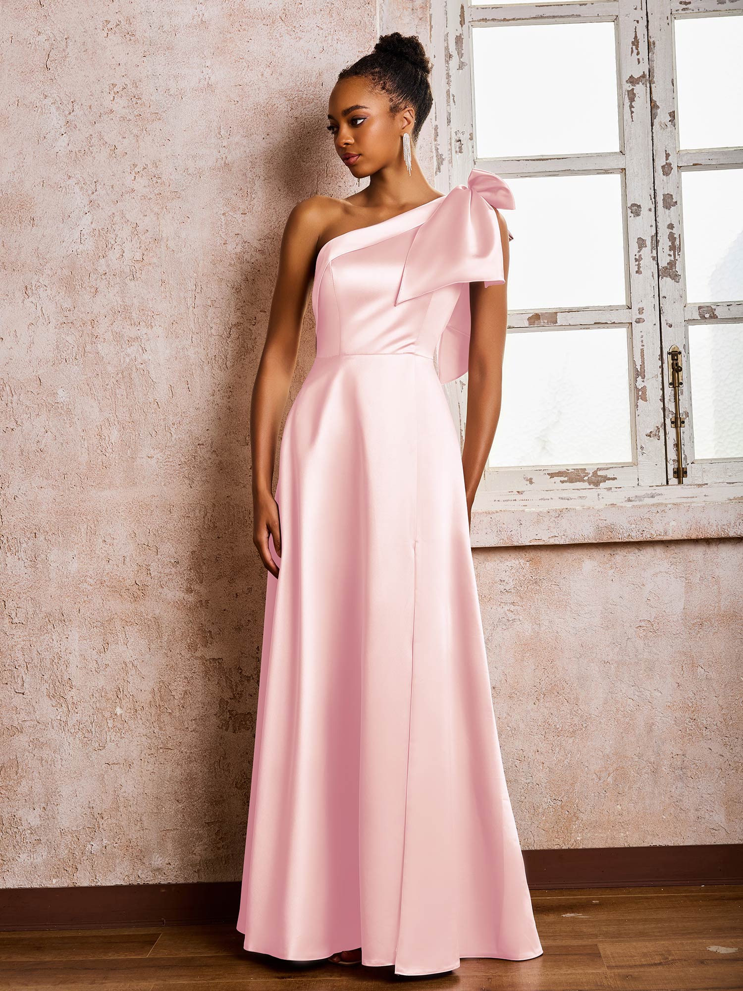 Bowed One Shoulder A-line Dresses With Front Slit Blushing Pink - Image 3