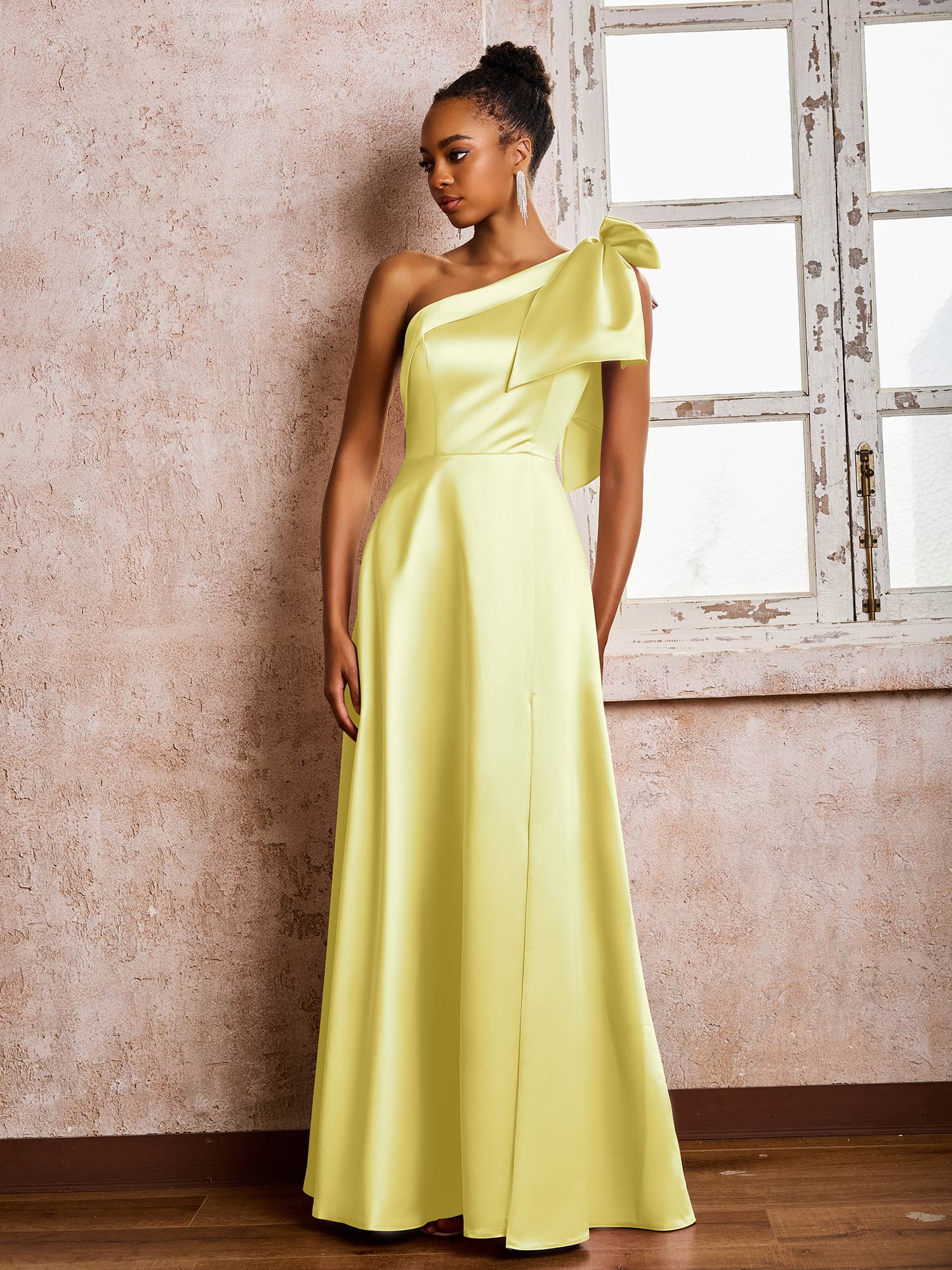 Bowed One Shoulder A-line Dresses With Front Slit Daffodil - Image 3