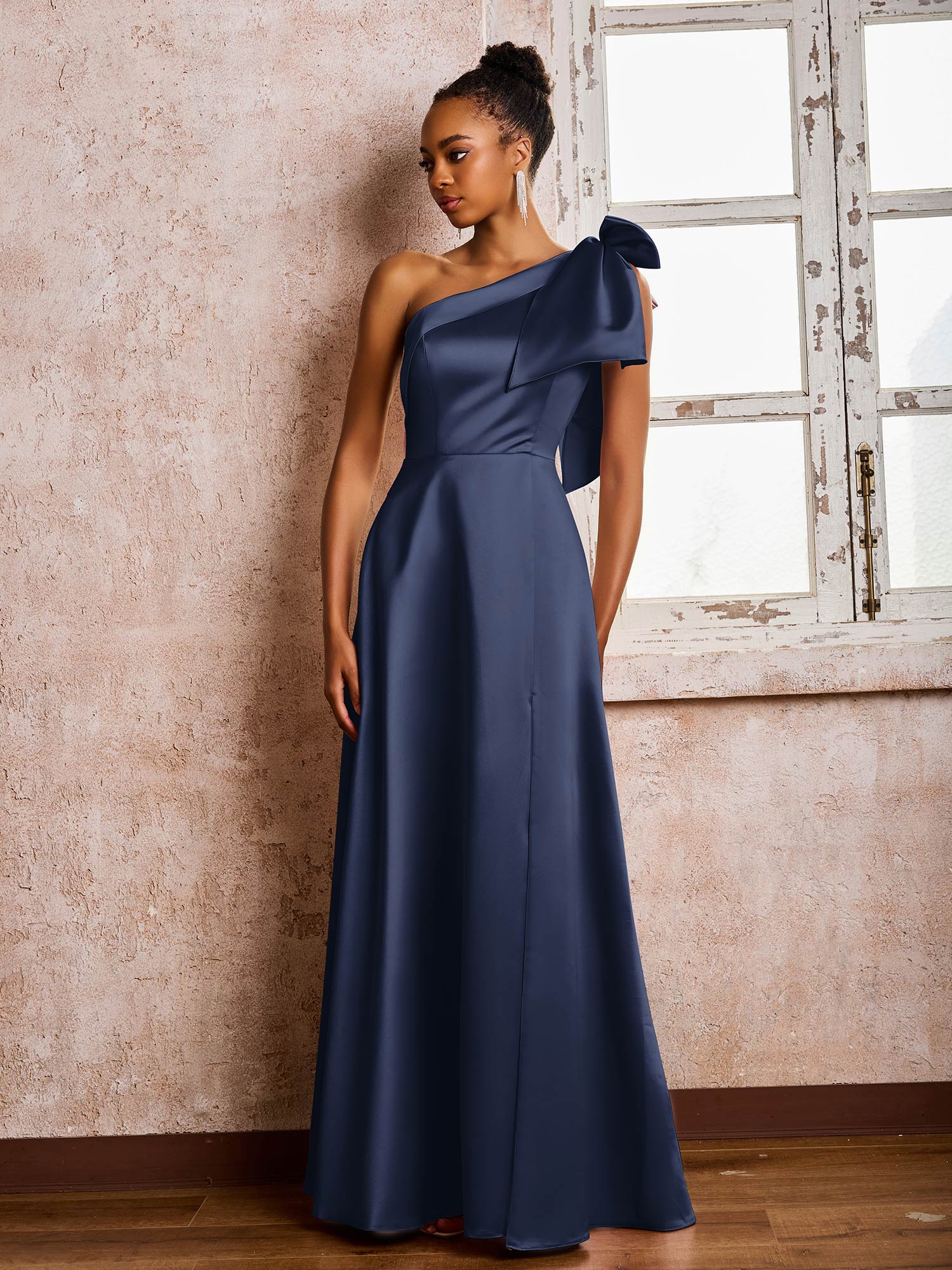 Bowed One Shoulder A-line Dresses With Front Slit Dark Navy - Image 3