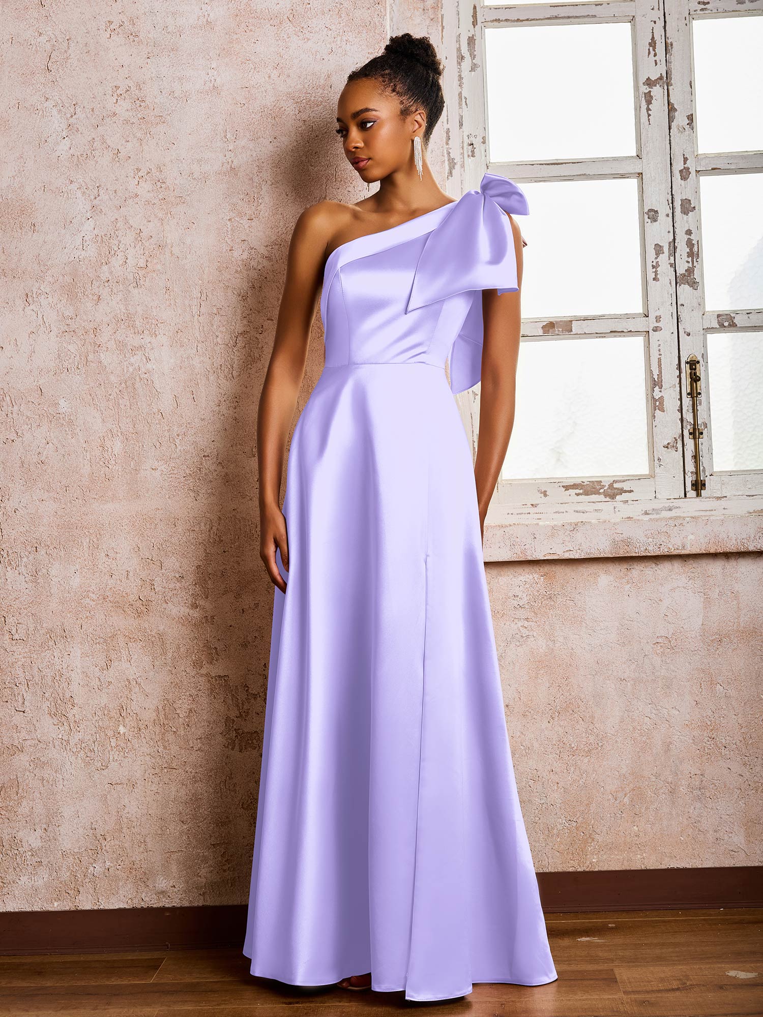 Bowed One Shoulder A-line Dresses With Front Slit Lilac - Image 3