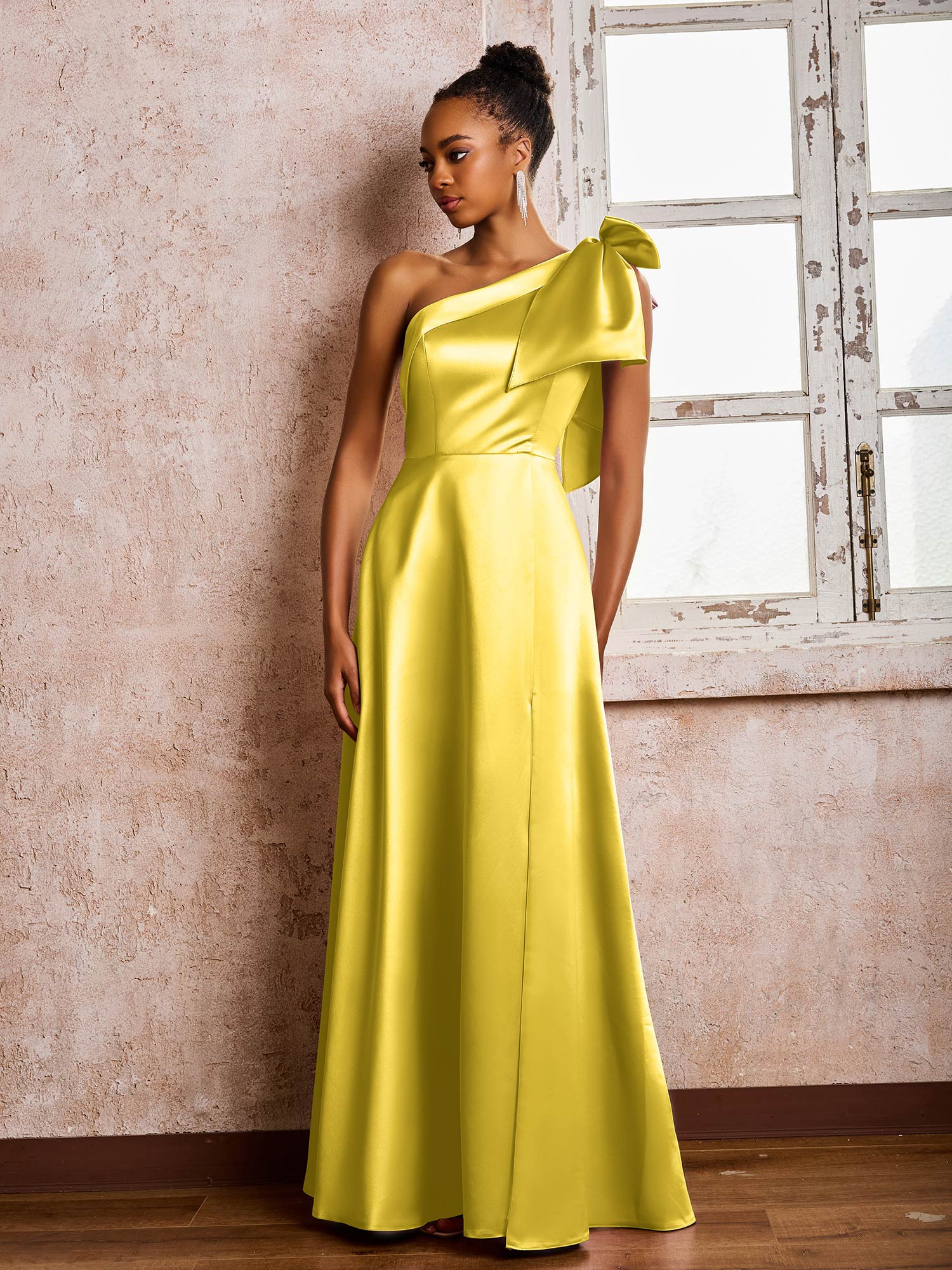 Bowed One Shoulder A-line Dresses With Front Slit Marigold - Image 3