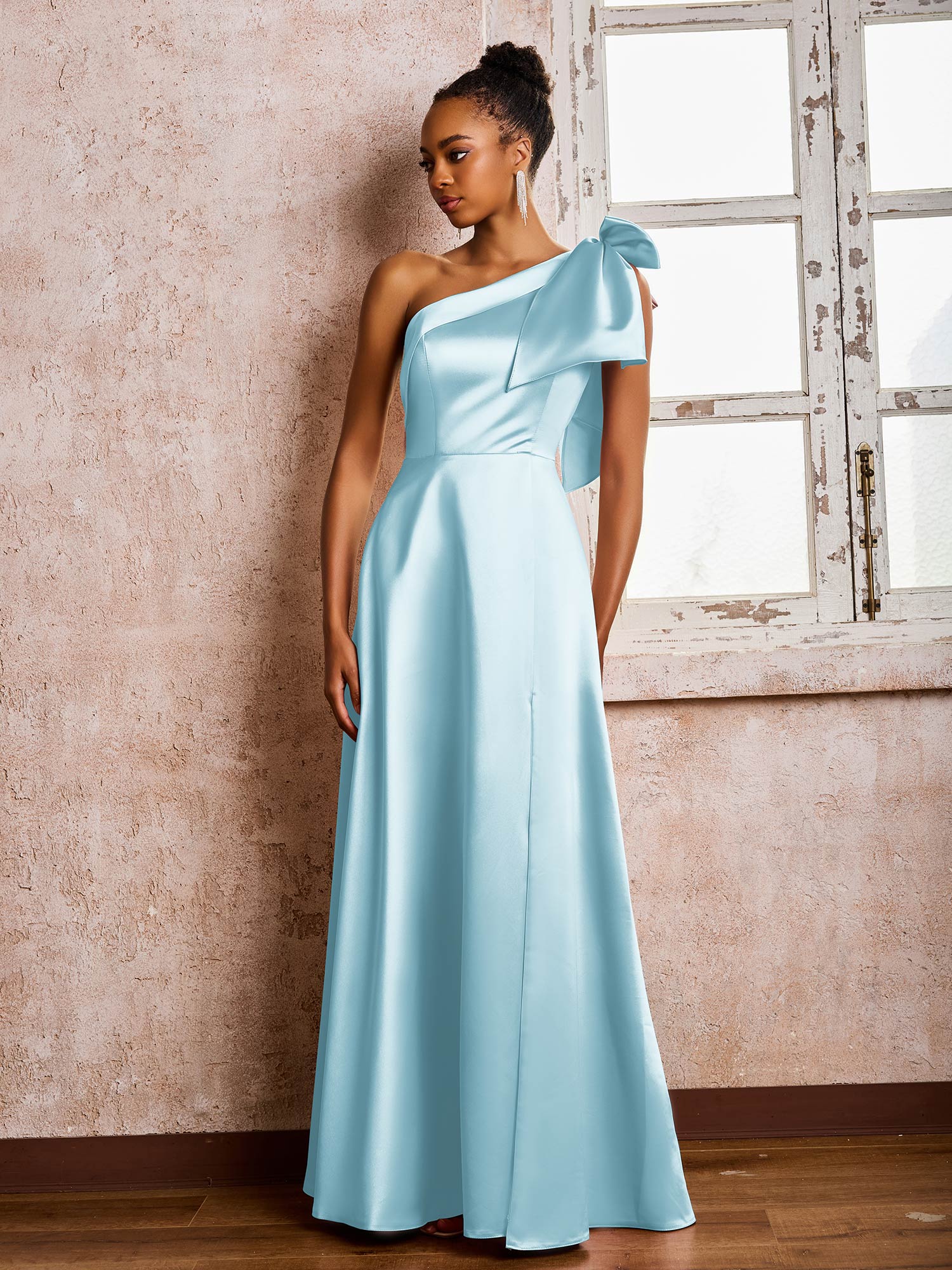 Bowed One Shoulder A-line Dresses With Front Slit Mist - Image 3