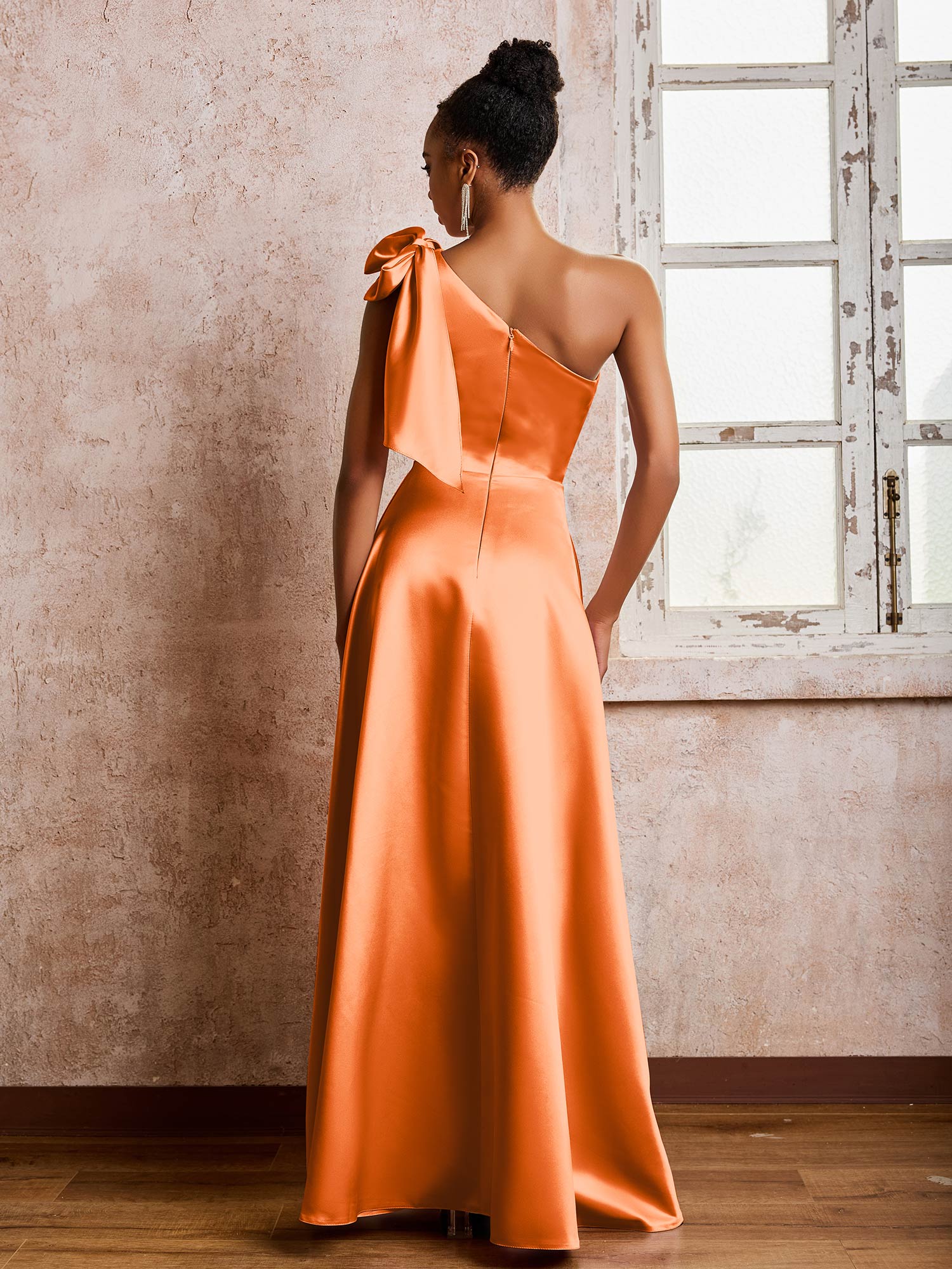 Bowed One Shoulder A-line Dresses With Front Slit Orange - Image 2