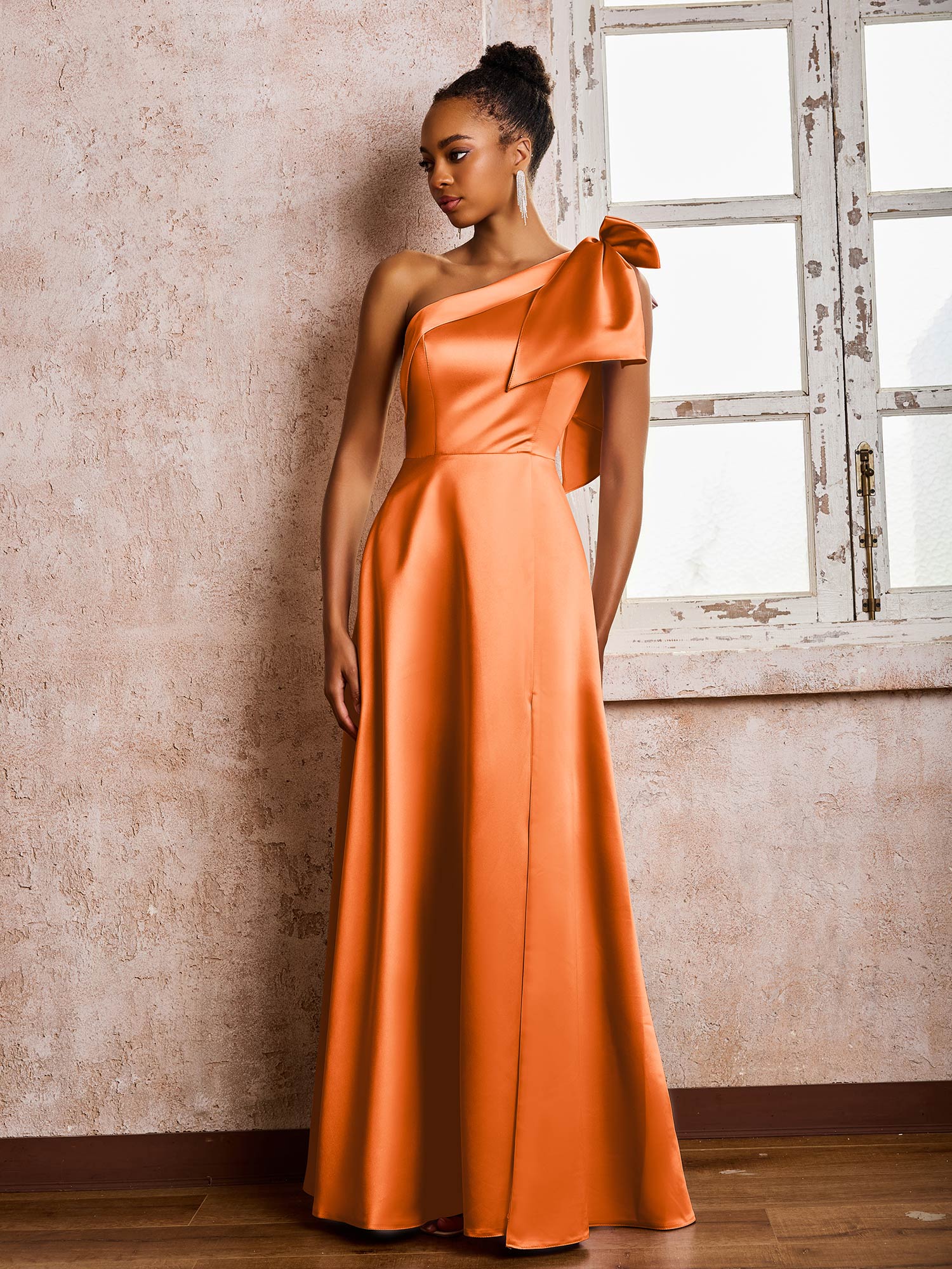 Bowed One Shoulder A-line Dresses With Front Slit Orange - Image 3