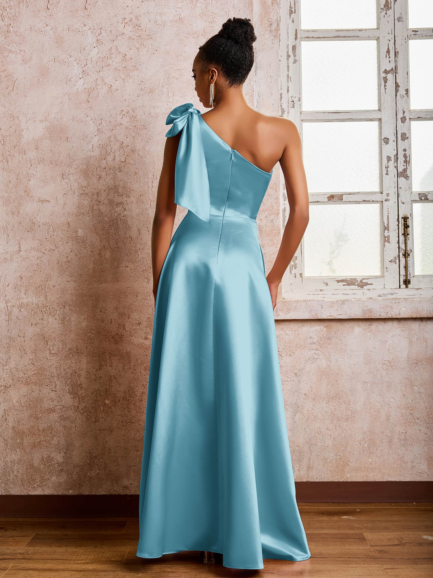 Bowed One Shoulder A-line Dresses With Front Slit Pool - Image 2