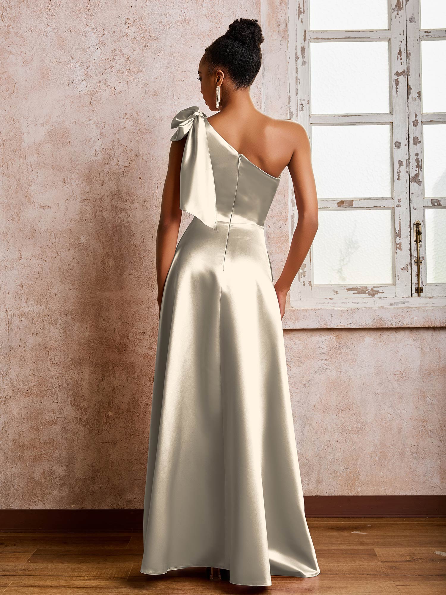 Bowed One Shoulder A-line Dresses With Front Slit Taupe - Image 2