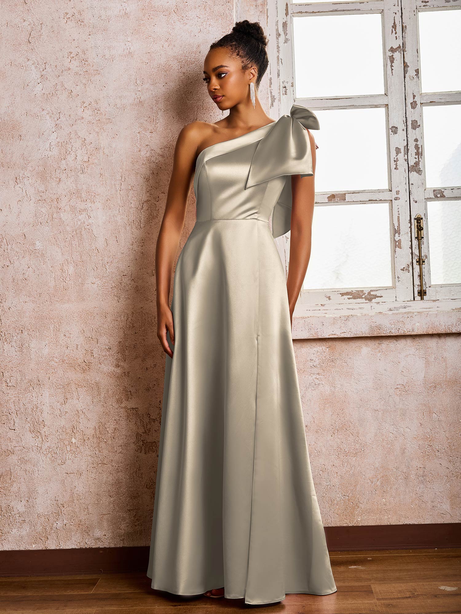 Bowed One Shoulder A-line Dresses With Front Slit Taupe - Image 3