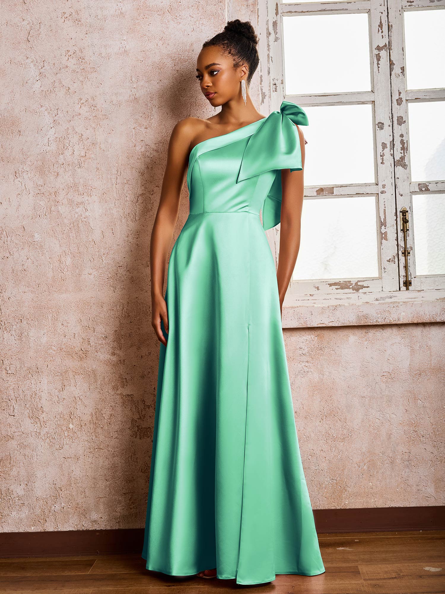 Bowed One Shoulder A-line Dresses With Front Slit Turquoise - Image 3