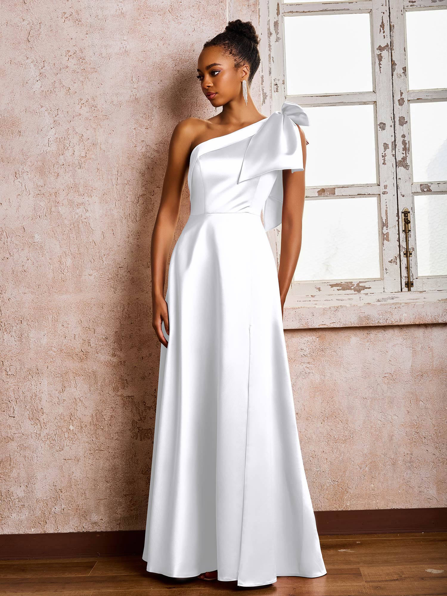 Bowed One Shoulder A-line Dresses With Front Slit White - Image 3