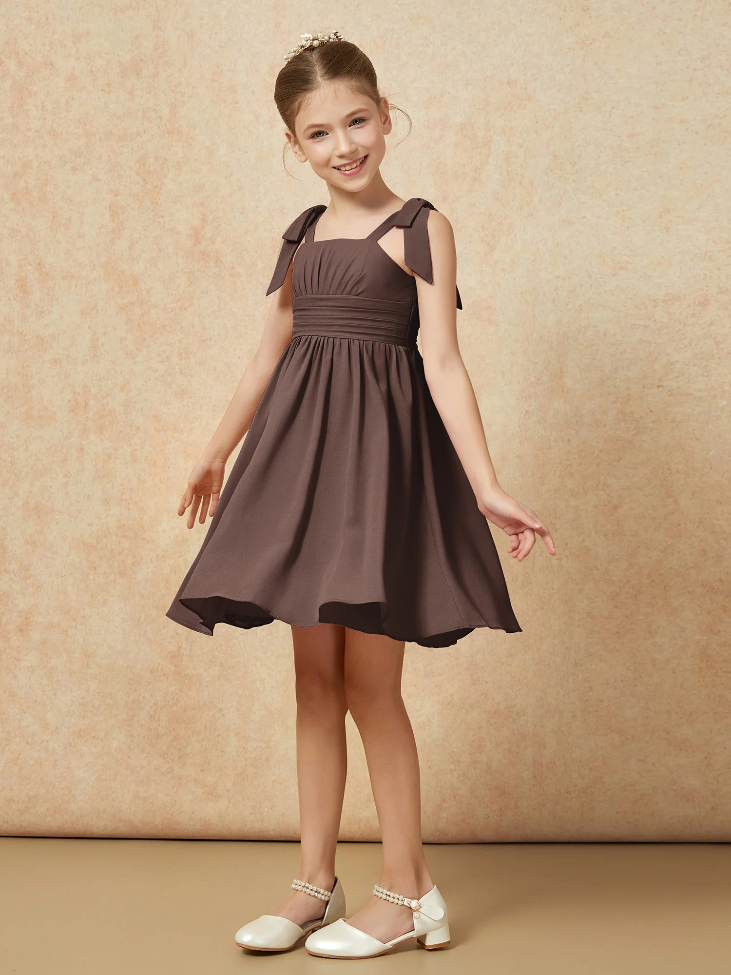 Bowknot Straps Knee-length Junior Bridesmaid Dresses Chocolate - Image 3