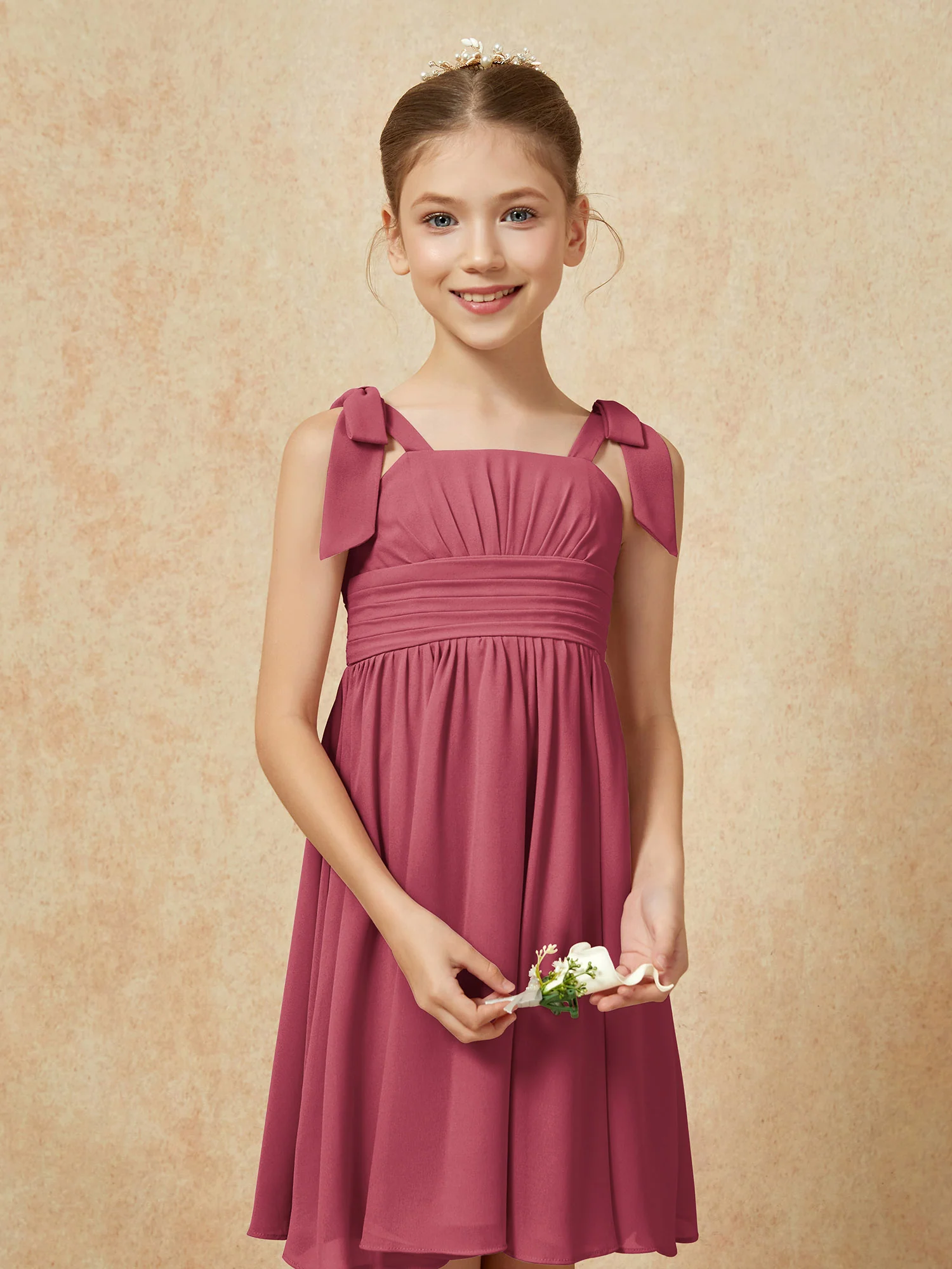 Bowknot Straps Knee-length Junior Bridesmaid Dresses Cinnamon Rose - Image 6