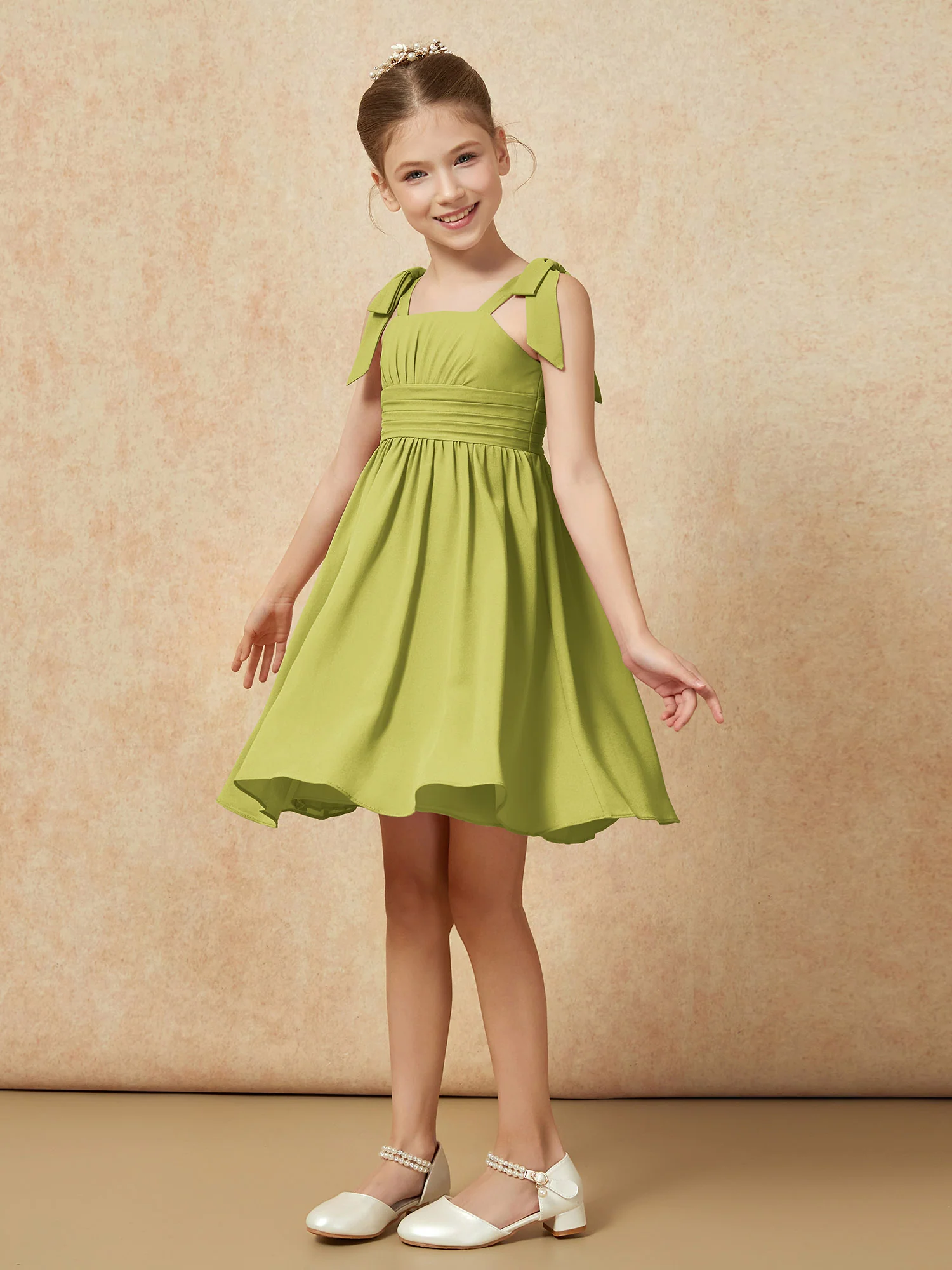 Bowknot Straps Knee-length Junior Bridesmaid Dresses Clover - Image 3