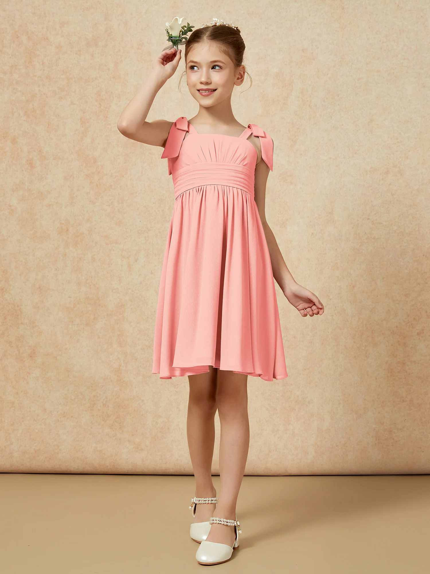 Bowknot Straps Knee-length Junior Bridesmaid Dresses Coral - Image 4