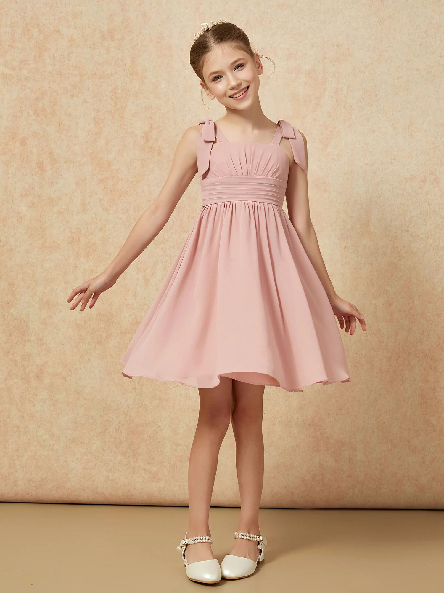 Bowknot Straps Knee-length Junior Bridesmaid Dresses Dusty Rose