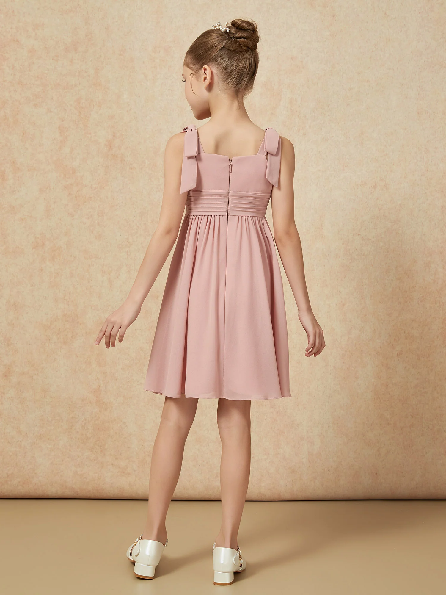Bowknot Straps Knee-length Junior Bridesmaid Dresses Dusty Rose - Image 2