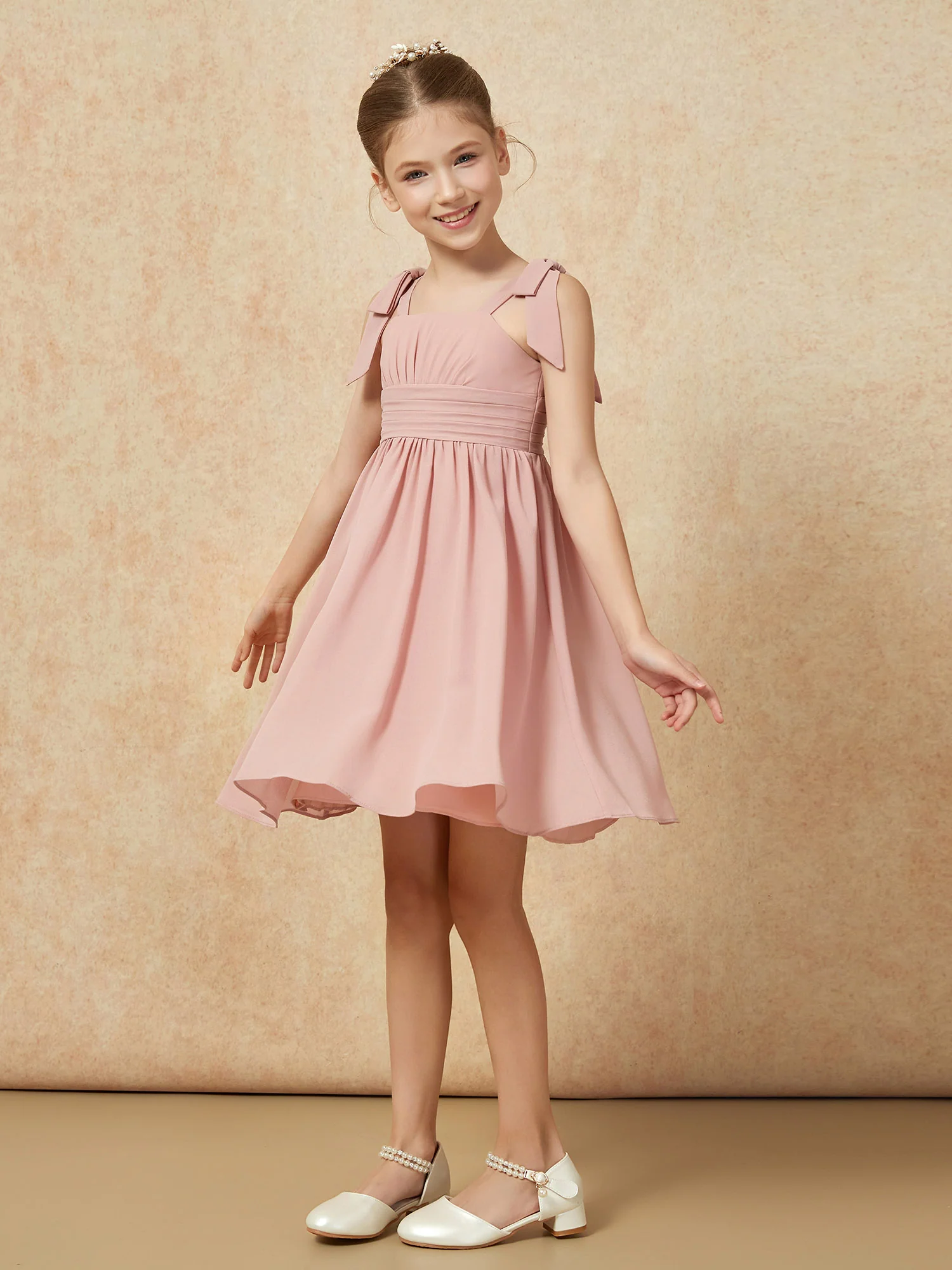 Bowknot Straps Knee-length Junior Bridesmaid Dresses Dusty Rose - Image 3