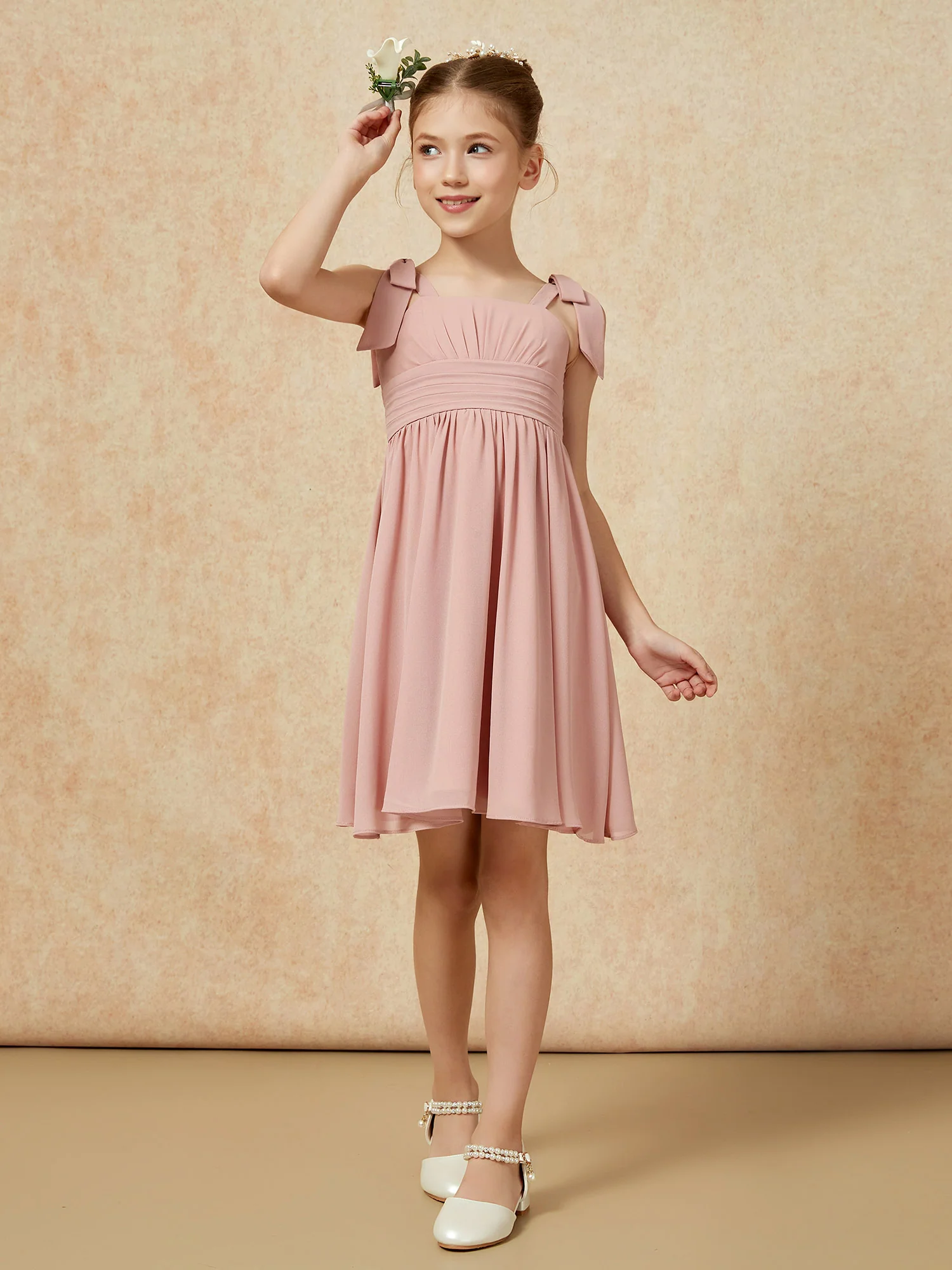 Bowknot Straps Knee-length Junior Bridesmaid Dresses Dusty Rose - Image 4