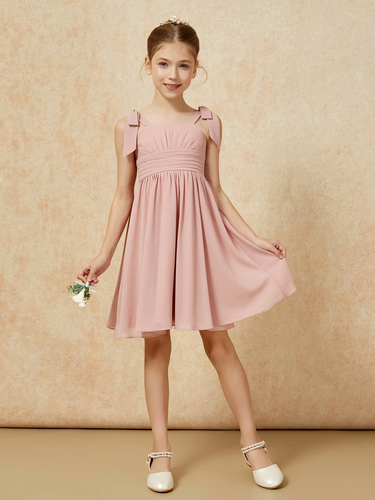 Bowknot Straps Knee-length Junior Bridesmaid Dresses Dusty Rose - Image 5