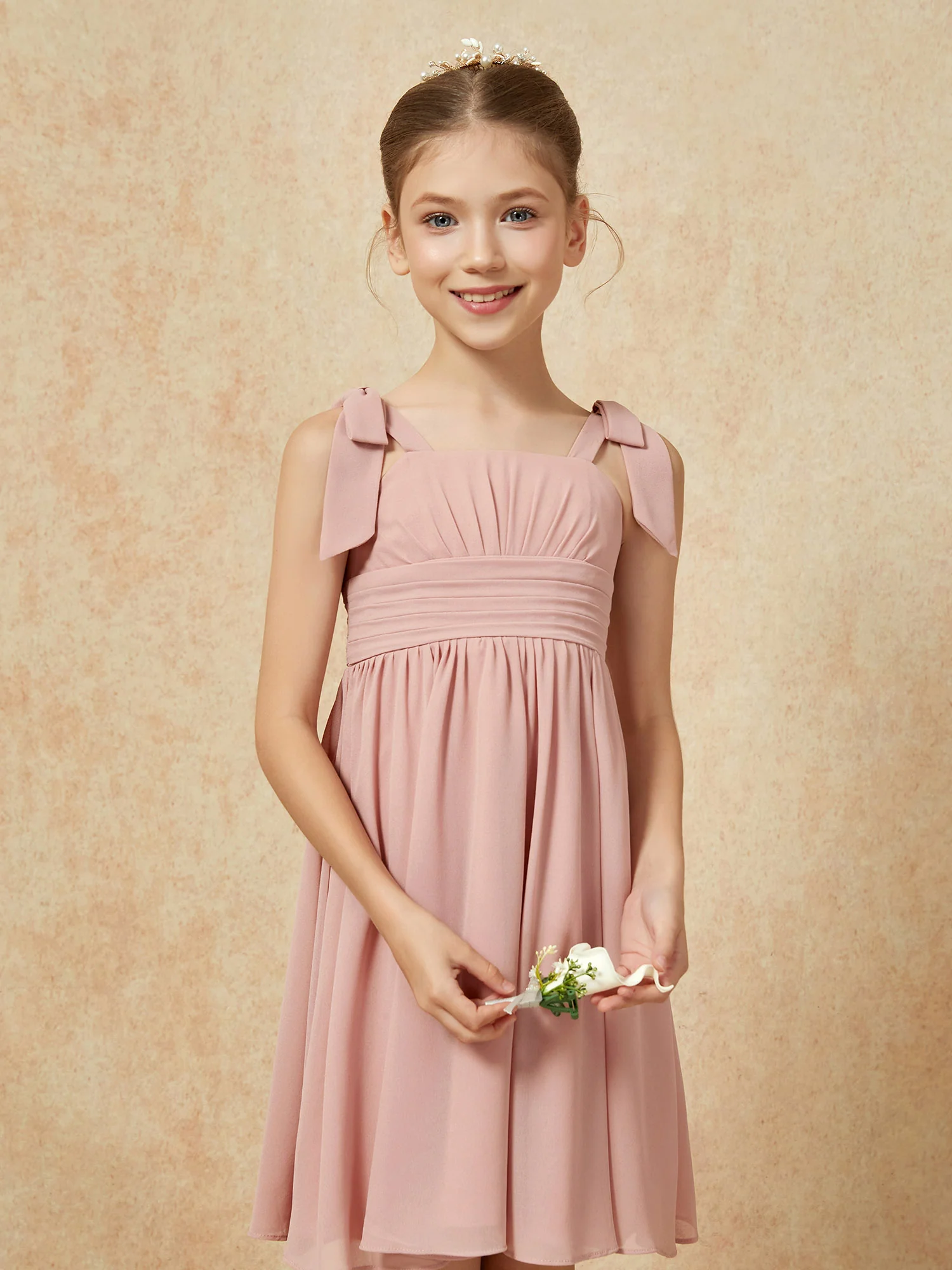 Bowknot Straps Knee-length Junior Bridesmaid Dresses Dusty Rose - Image 6