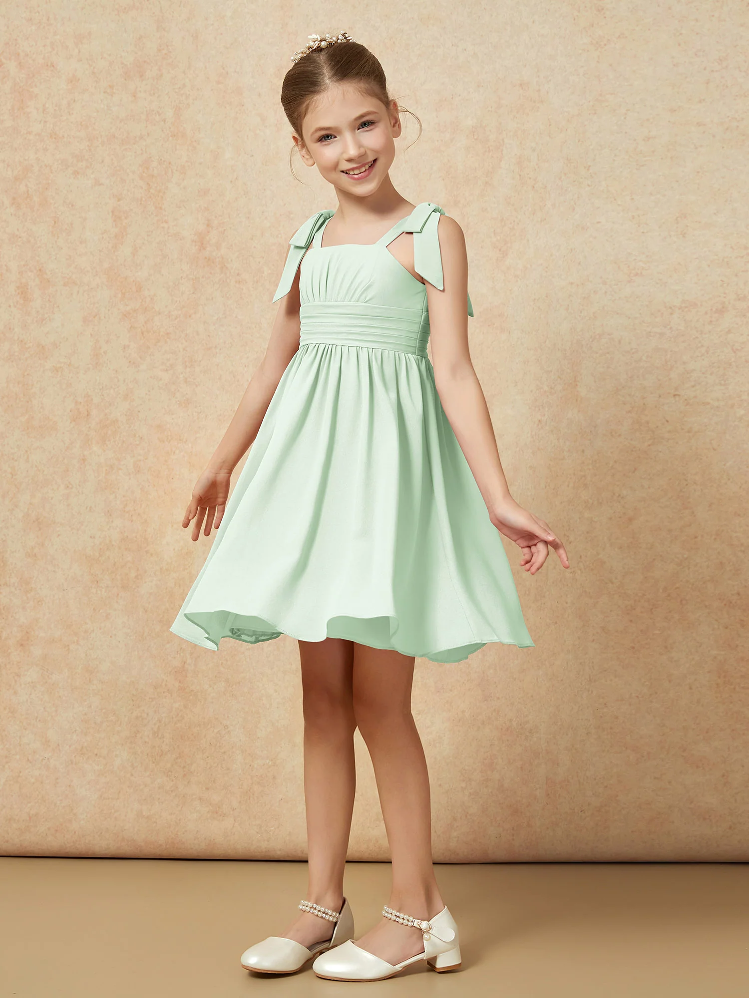 Bowknot Straps Knee-length Junior Bridesmaid Dresses Dusty Sage - Image 3
