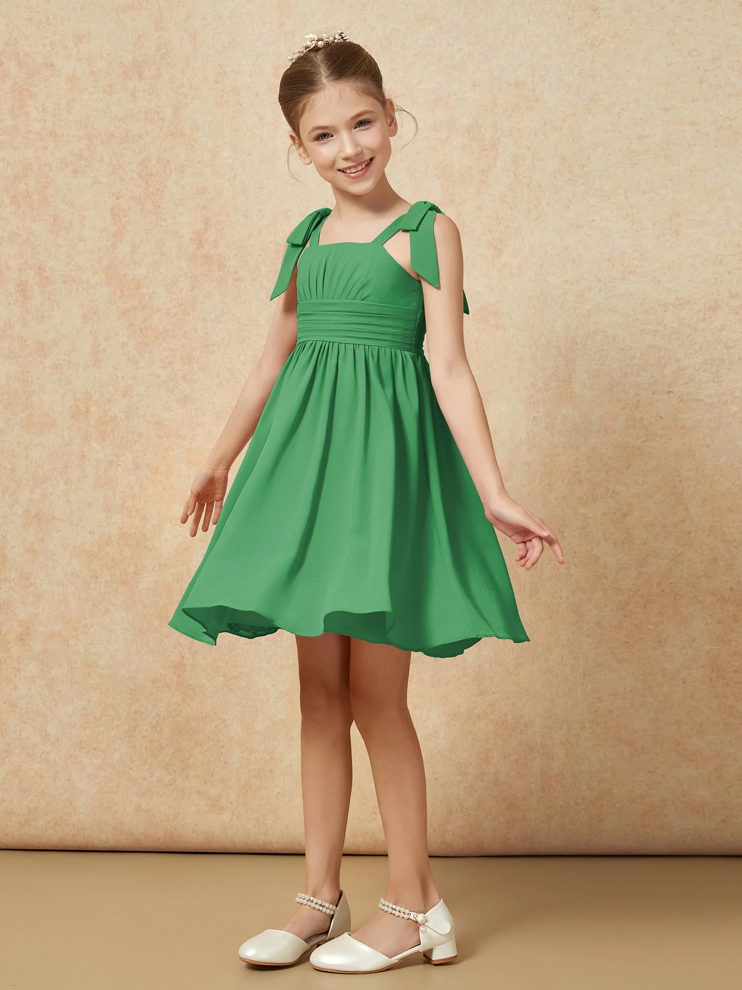 Bowknot Straps Knee-length Junior Bridesmaid Dresses Emerald - Image 3