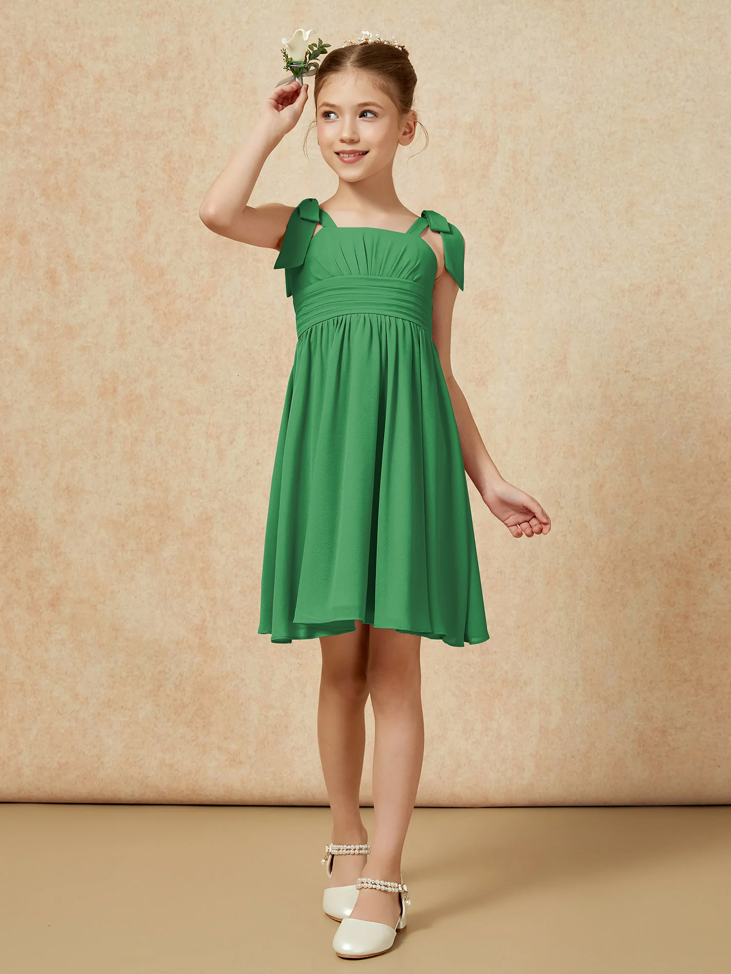 Bowknot Straps Knee-length Junior Bridesmaid Dresses Emerald - Image 4