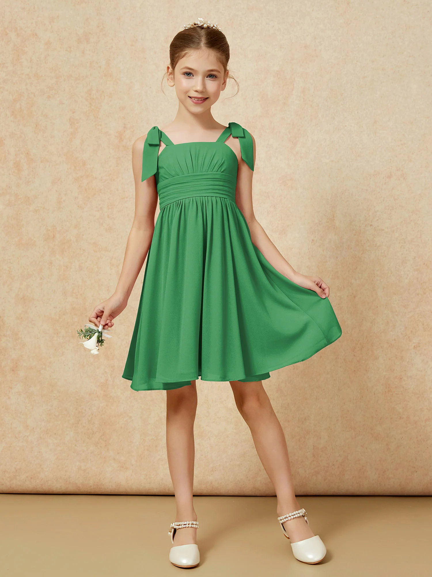 Bowknot Straps Knee-length Junior Bridesmaid Dresses Emerald - Image 5