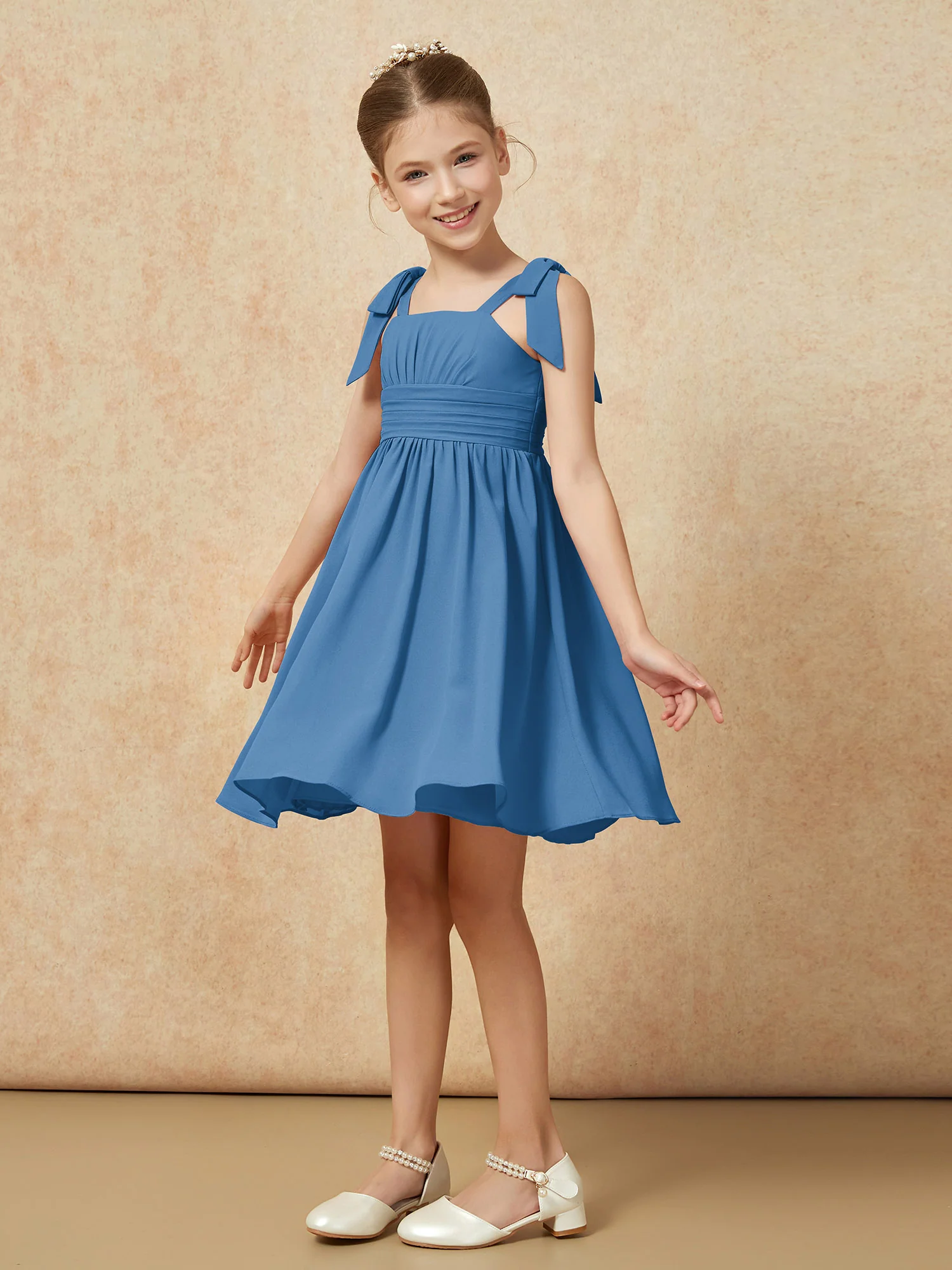Bowknot Straps Knee-length Junior Bridesmaid Dresses Ink Blue - Image 3