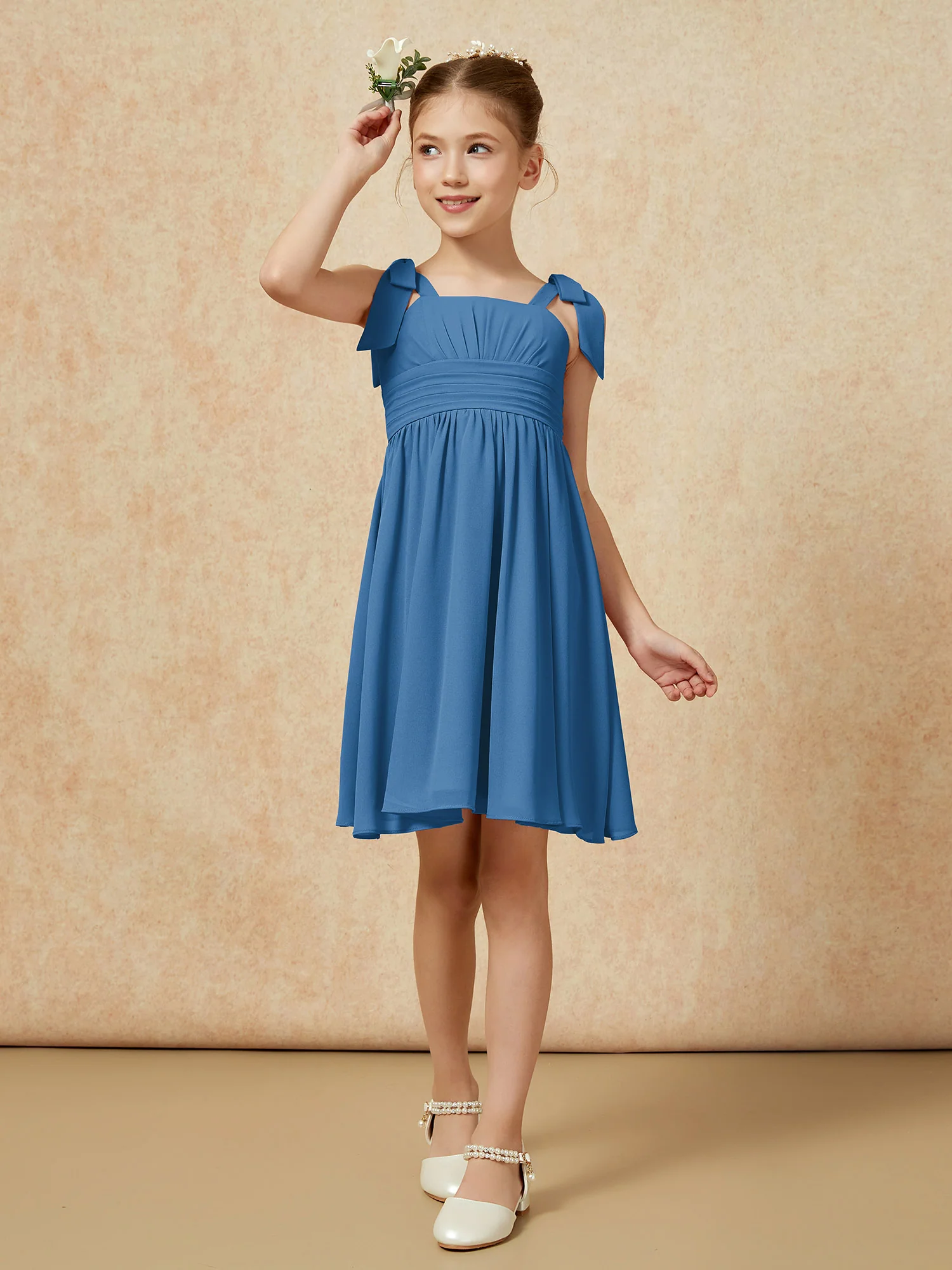 Bowknot Straps Knee-length Junior Bridesmaid Dresses Ink Blue - Image 4